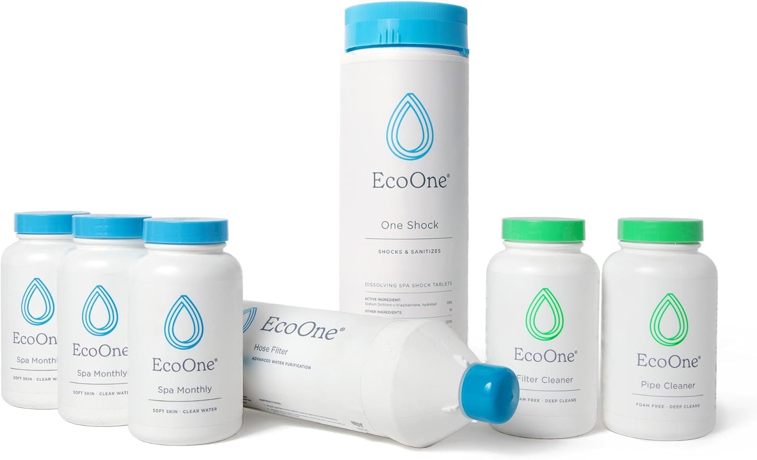 Ecoone Spa & Hot Tub Starter Kit - 3 Month Maintenance Kit with Spa Monthly, One Shock, Filter Cleaner, Pipe Cleaner, Hose Filter & pH Test Strips - Stabilizes pH & Alkalinity