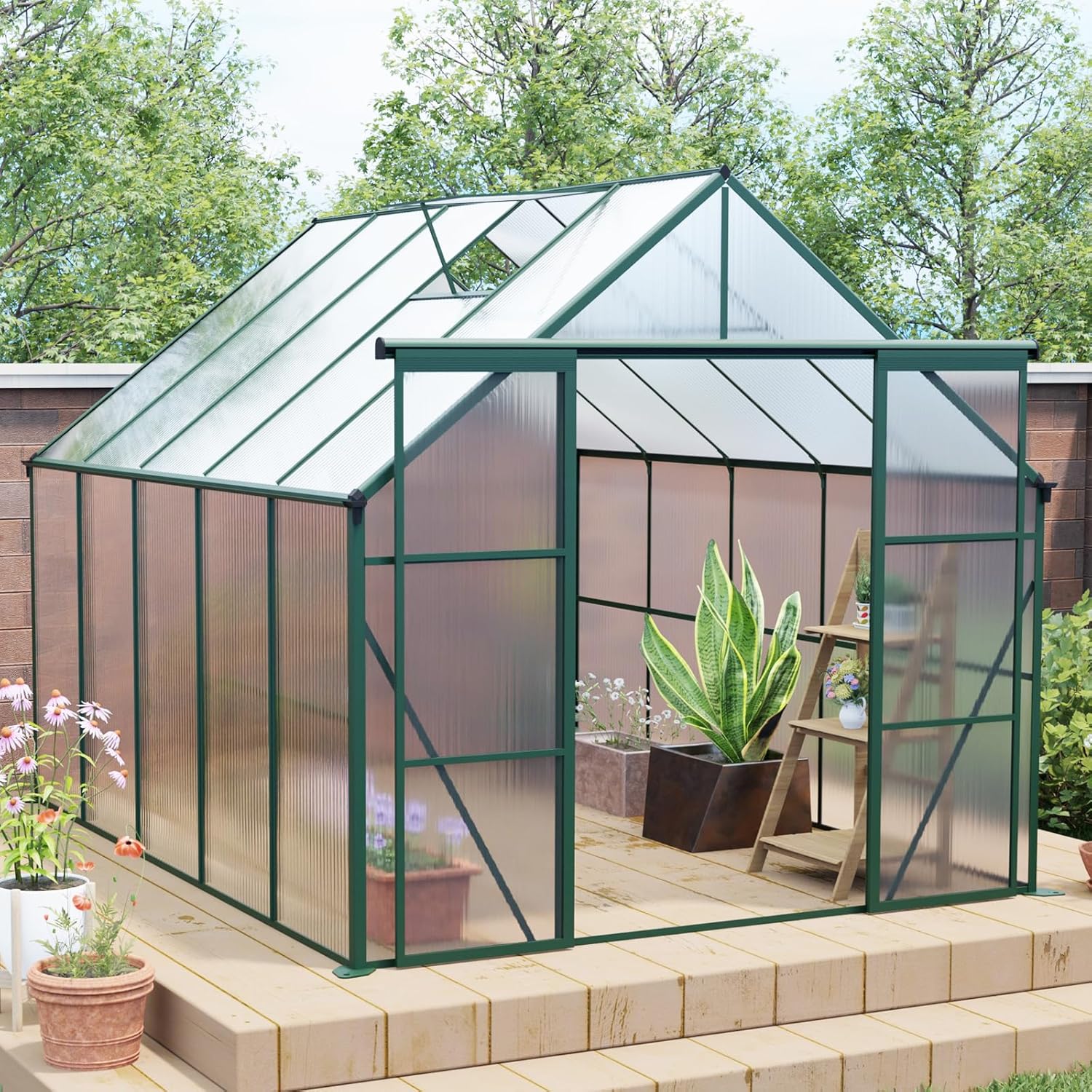 8*10FT Outdoor Garden Greenhouse with Sliding Double Door, Polycarbonate Greenhouse Raised Base and Anchor Aluminum Heavy Duty Walk-in Greenhouses, Suitable for Backyard, Patio