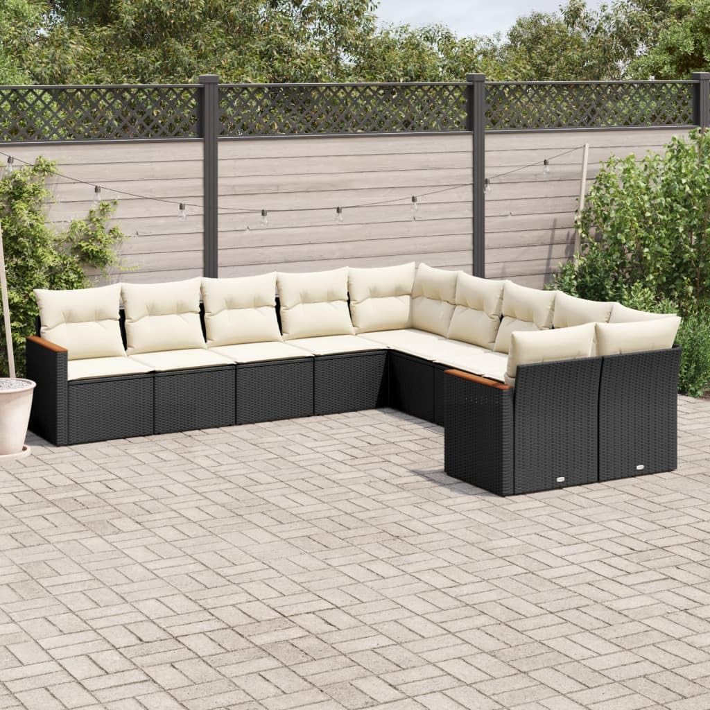 Black and Cream 10-Piece Modular Garden Sofa Set, Large Outdoor Furniture with PE Rattan Woven Design, Weather Resistant Patio Seating for Balcony, Includes Storage
