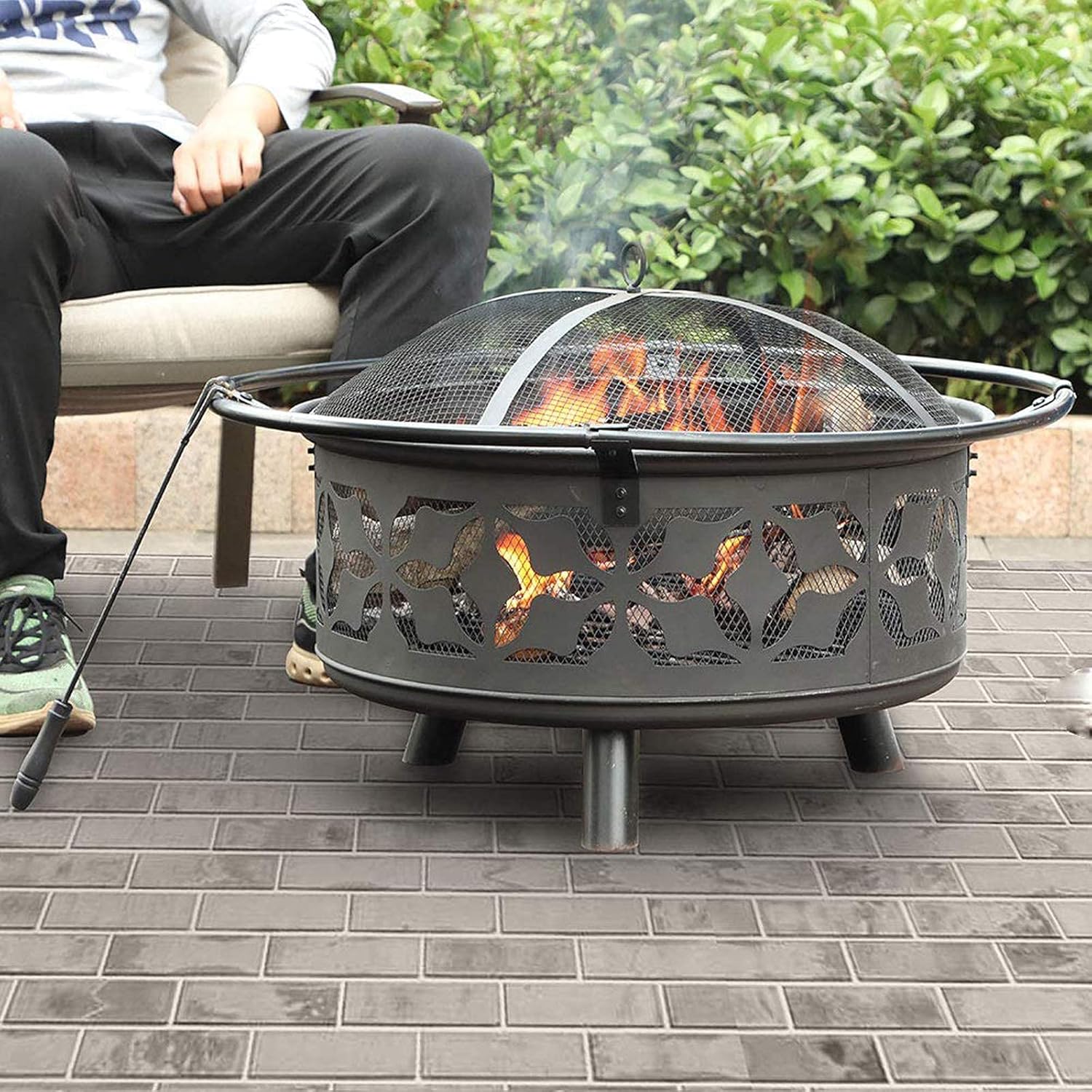 Fire Pit with BBQ Grill Shelf, Portable Fire Pits for Garden, Outdoor Fire Pits,Outdoor Garden Fire Pit with Mesh Cover