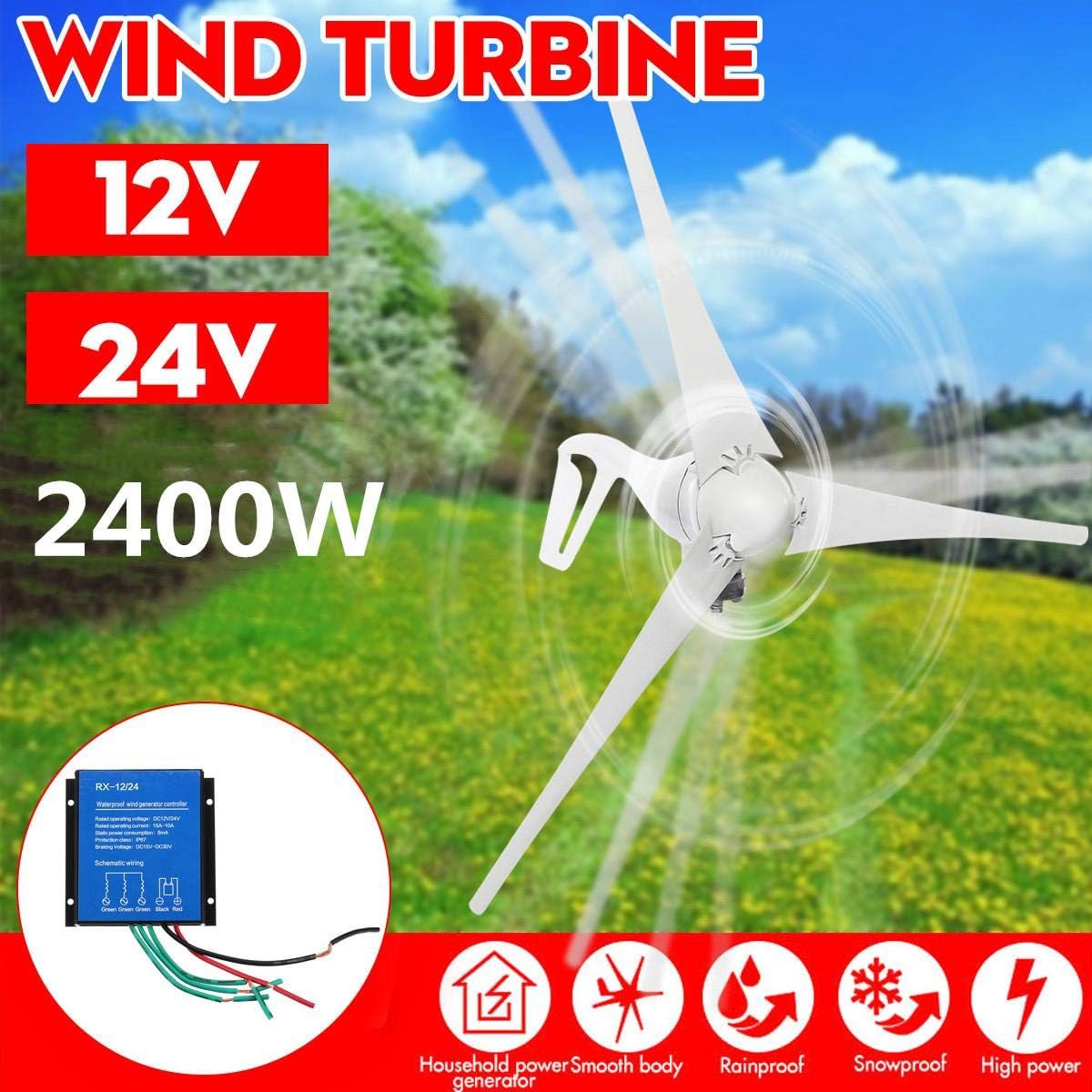 SISHUINIANHUA 2400W 3 Blades DC 12V 24V Wind Turbine Generator Kit with Charge Controller with Magnetic Bearing Alternator for Home Or Camping,12v