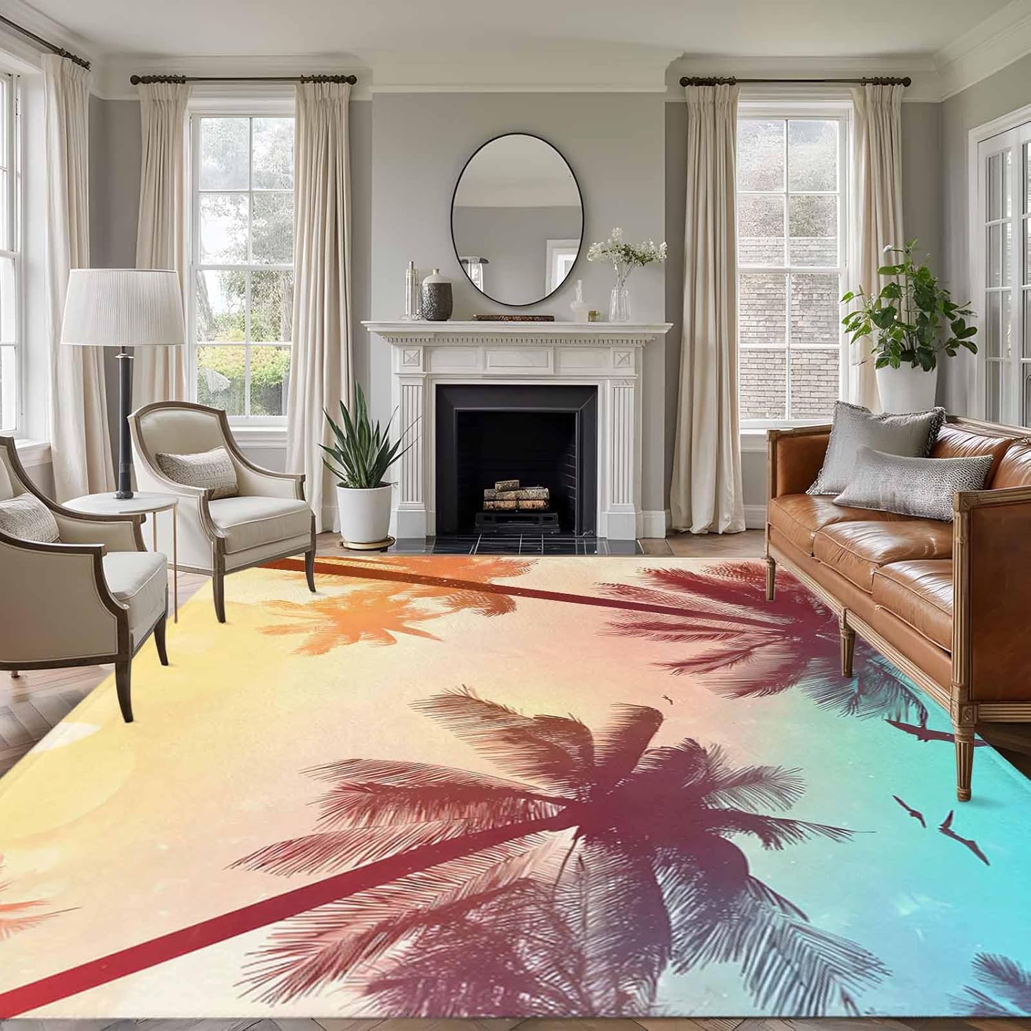 Large Area Rug 8'x10', Palm Trees Non-Slip Runner Carpet for Living Room/Bedroom/Office, Modern Art Birds Summer Washable Outdoor Indoor Rectangle Area Rug Floor Mat for Kitchen/Dining Room