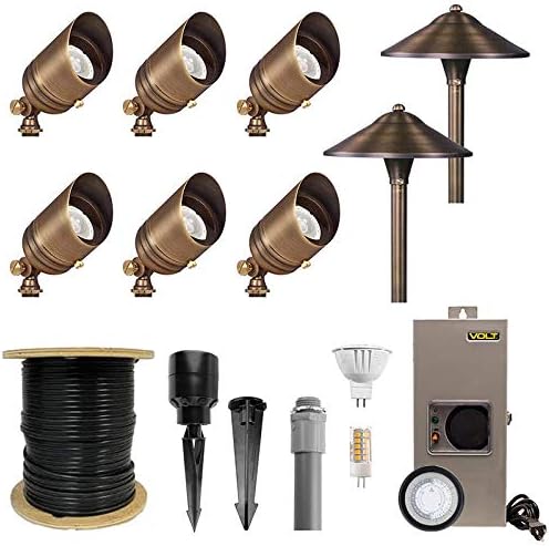 VOLT 12V Solid Brass Bronze LED Landscape Lighting Kit (6 Spotlights, 2 Path Lights) with 150W Low Voltage Transformer for House, Yard, Outdoor Pathway, Walkway, Garden, Driveway or Patio