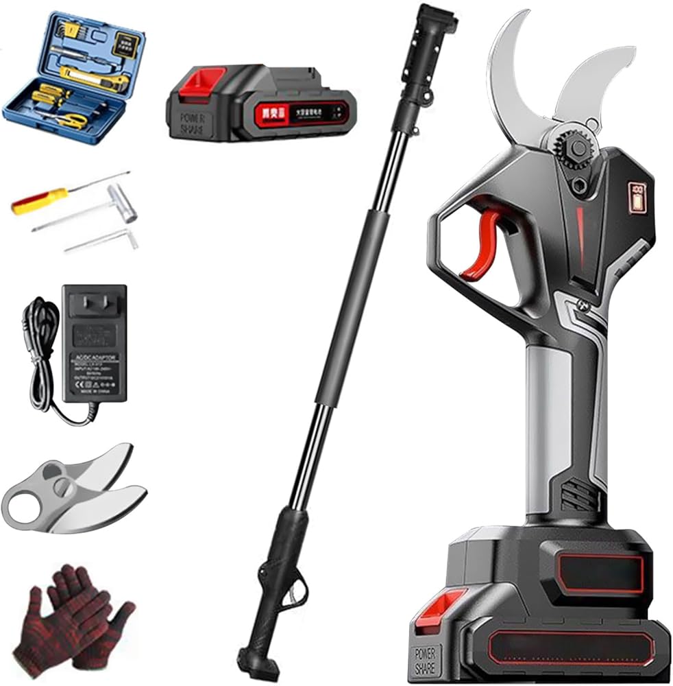 950W electric pruning shear, 70 mm electric garden scissors with telescopic pole, long reach, efficient pruning shears for hedges, bushes and orchards 2-batteries