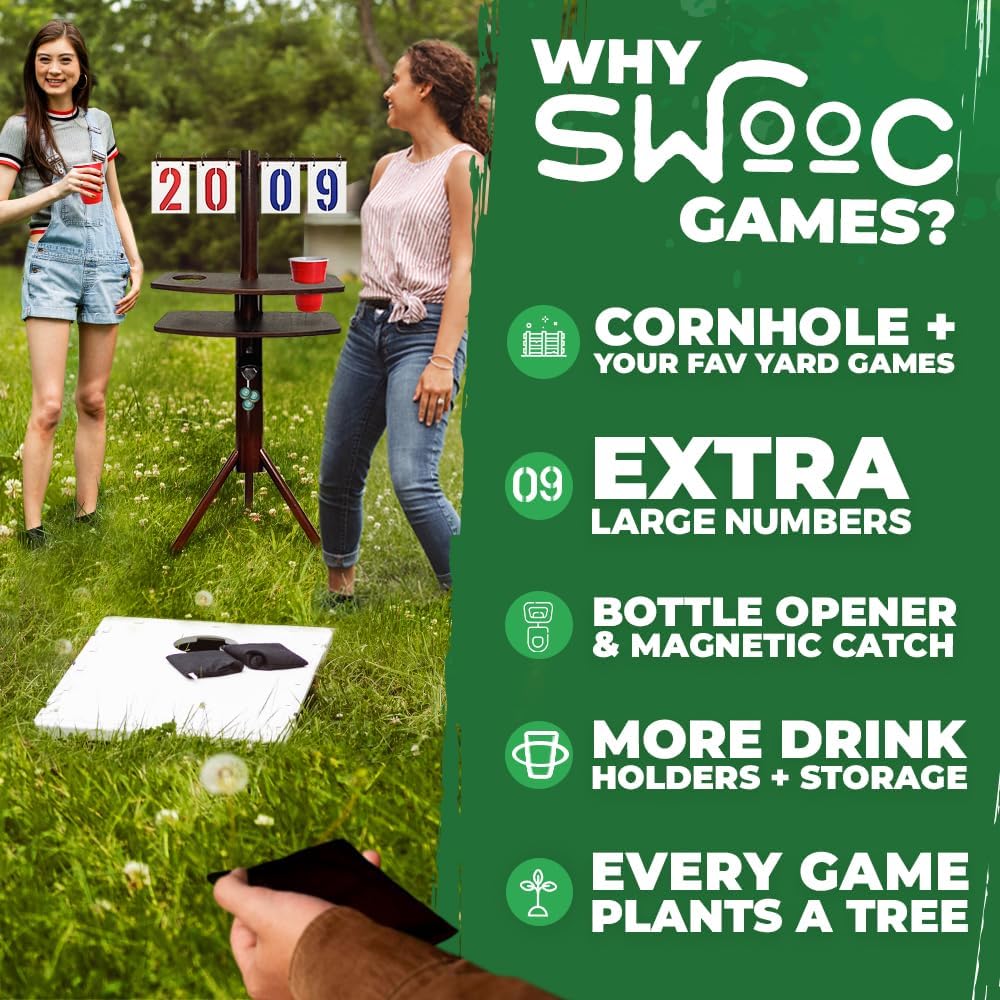 Swooc Games® – Cornhole Score Keeper & Other Yard Games – Weather Resistant – Cornhole Scoreboard with Drink Holder & Bottle Opener & Magnetic Cap Catch – Cornhole Accessories – Corn Hole Score Boards