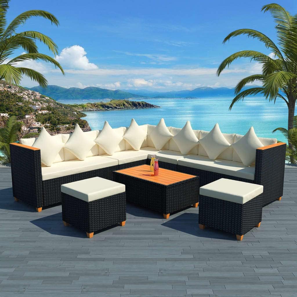 Furniture Sets 7 Piece Patio Lounge Set with Cushions Poly Rattan Black,Modular Rattan Sofa Set with Ottoman for Patio Deck Garden Backyard Garden Conversation Sets