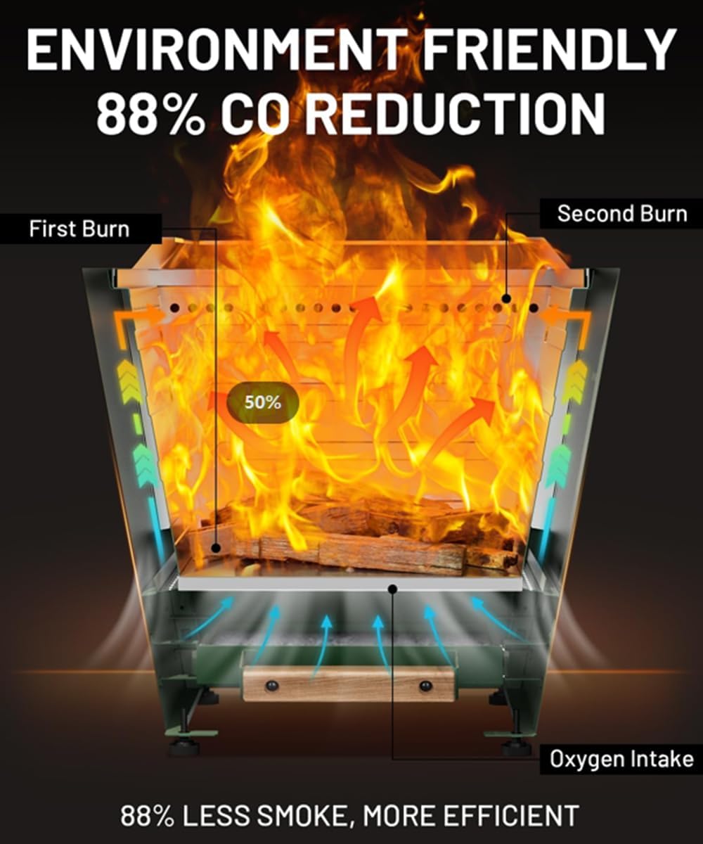 Portable Wood Stove Outdoor Heater for Patio, Smokeless Wood Burning Fire Pit with Insulated Base & Ash Pan Easy to Carry Portable Heater for Camping Backyard & Patio Use Green