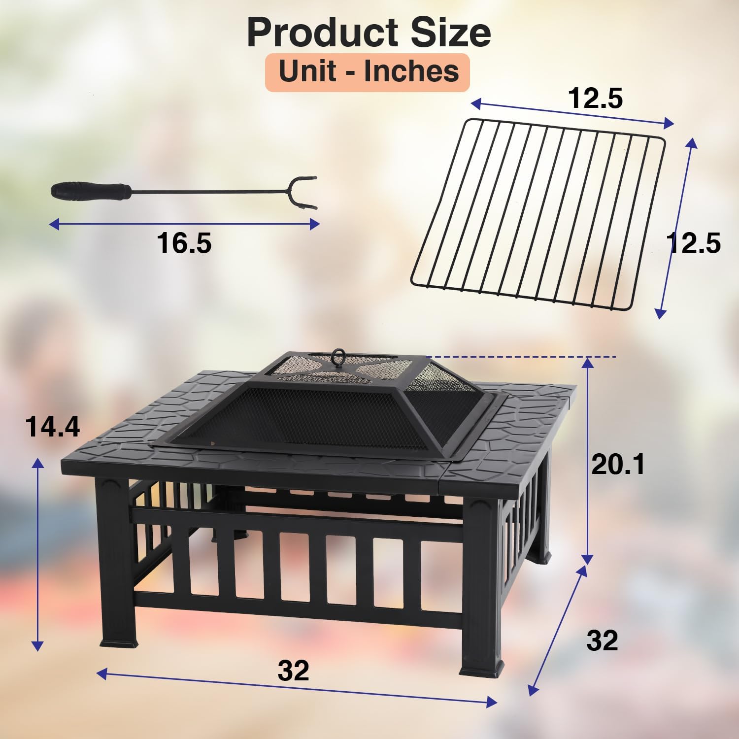 Square Metal Fire Pit Table with BBQ Charcoal Rack, Poker & Mesh Cover – Outdoor Wood Burning Fireplace for Patio, Garden, Camping, Picnics & Backyard Bonfires