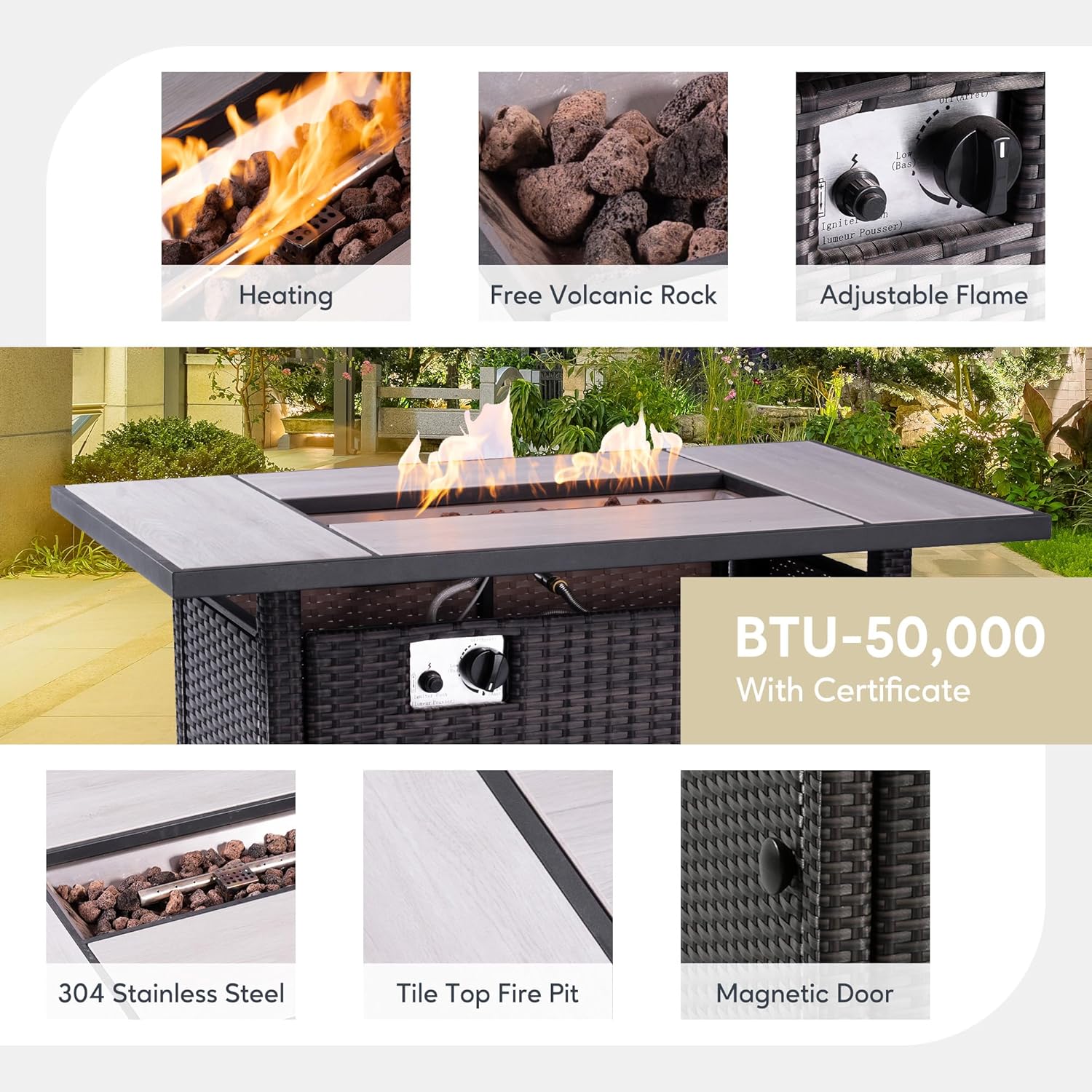 HOOOWOOO Patio Outdoor Furniture Set with Propane Fire Pit Table Swivel Chair,9 Piece Modern Wicker Couch Sofa, Outside Summer Conversation Seating Ottoman Set(Beige Tan)