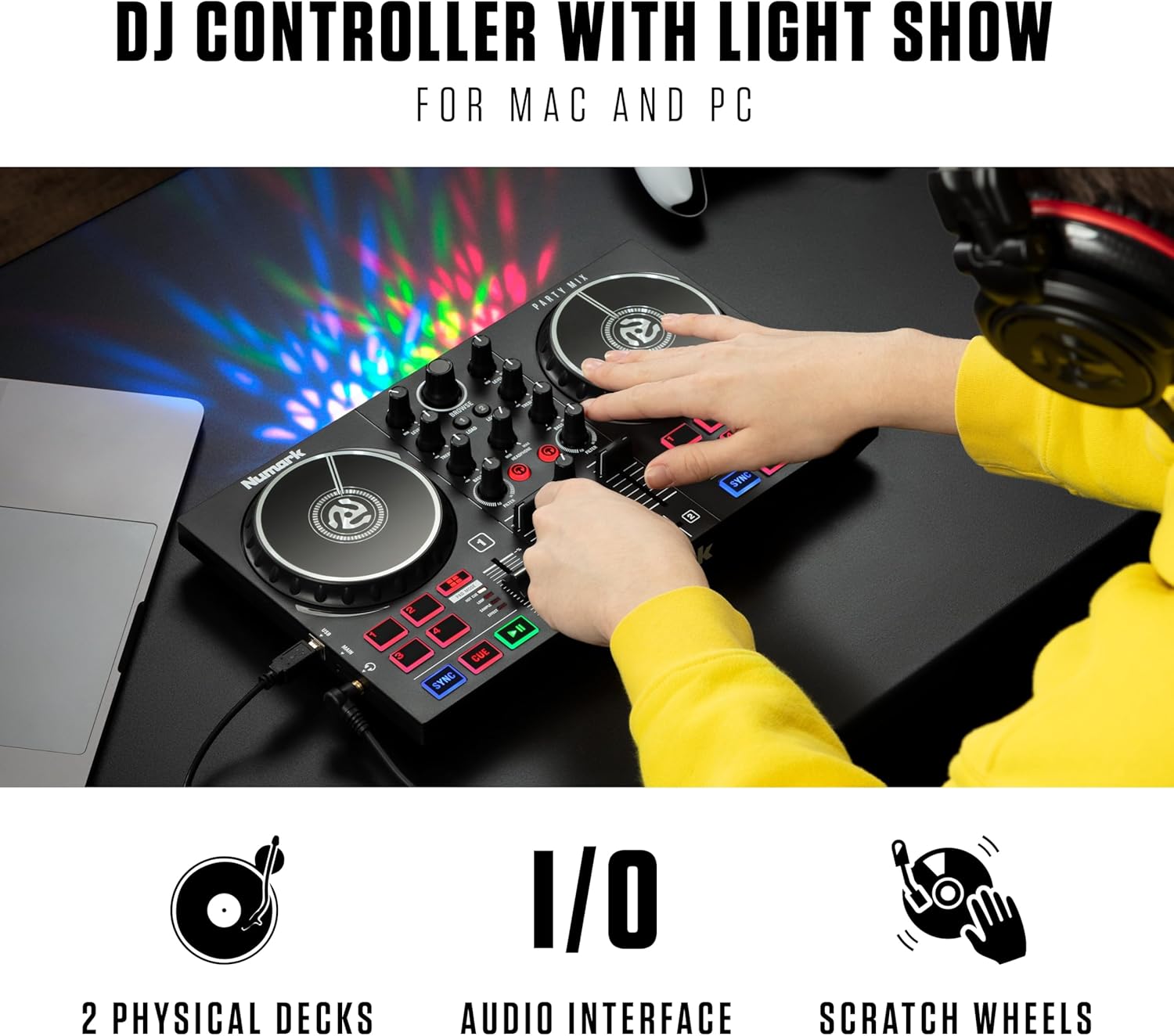 Numark Party Mix MKII DJ Controller Set - With DJ Mixer, Audio Interface, Studio Monitor Speakers and Headphones