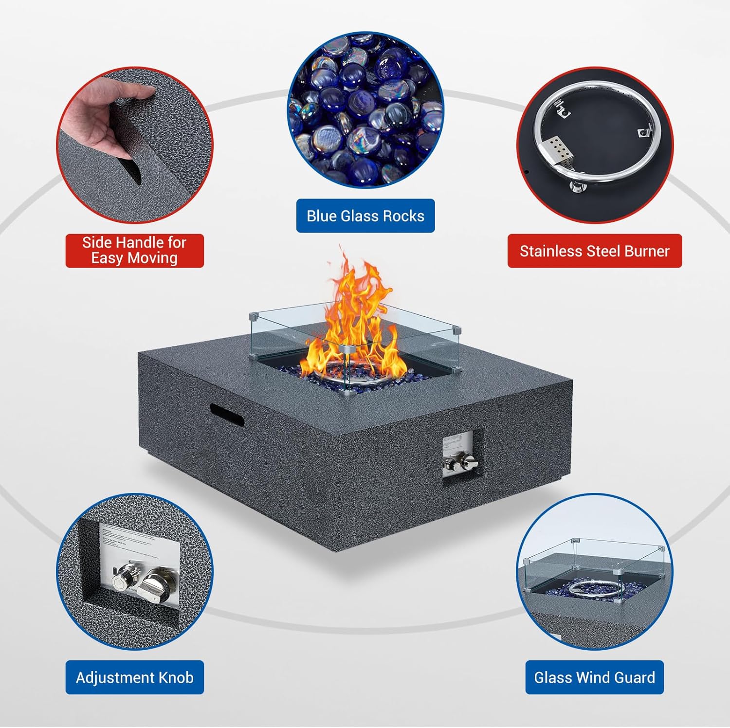 GarveeLife 36 in Outdoor Propane Gas Fire Pit Table, 50000BTU Iron Gas Firepit Table w 16 in Tank Cover, Wind Guard, Removable Lid, Blue Fire Glass, Rain Cover, CSA Certified Firepit Set for Outside