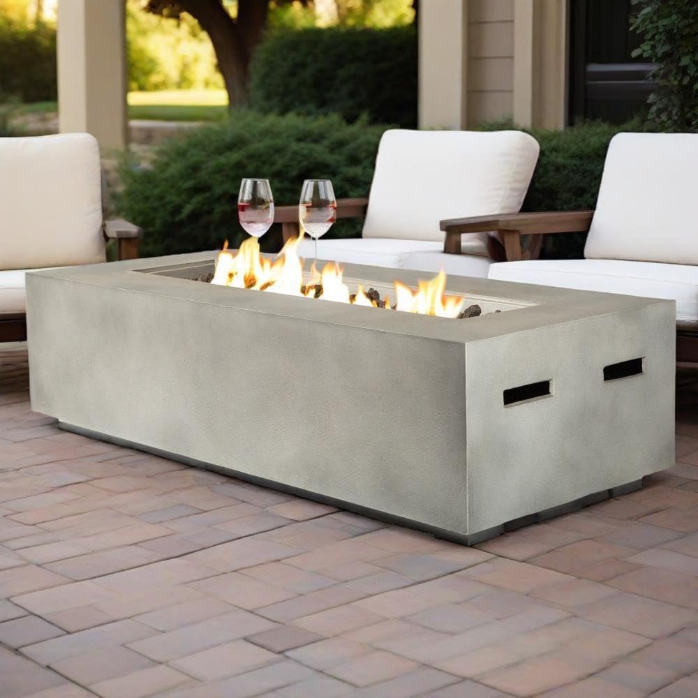 56 Inch Rectangular Propane Fire Pit Table for Outdoor Patio Garden Deck - Durable Concrete-Like Finish in Light Gray