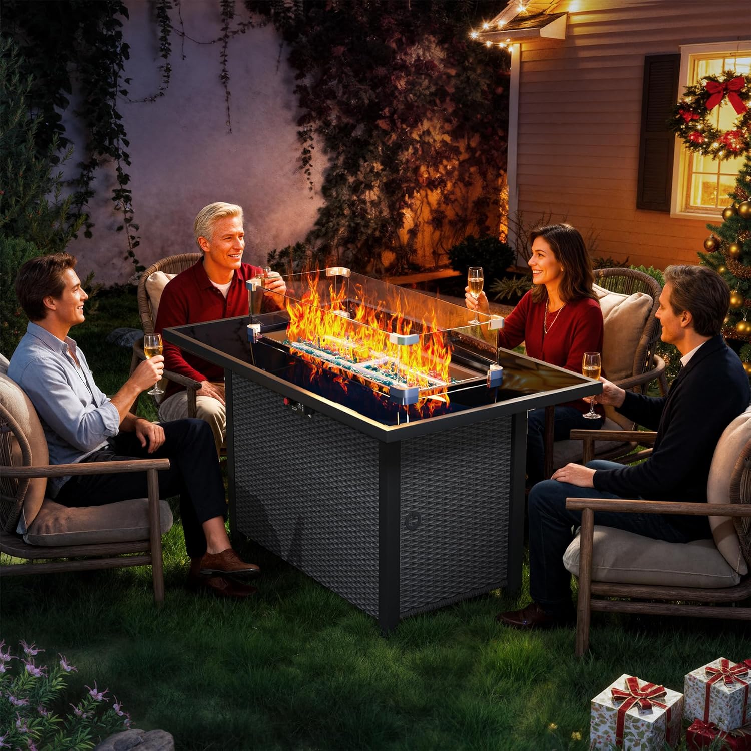 43-Inch Propane Fire Pit Table, Rattan Rectangular Outdoor Gas Fire Pit W/Glass Wind Guard, Tempered Glass Tabletop & Lid, CSA Listed, 60,000 BTU, 304 Stainless Steel H-Burner, for Outside Patio,Black