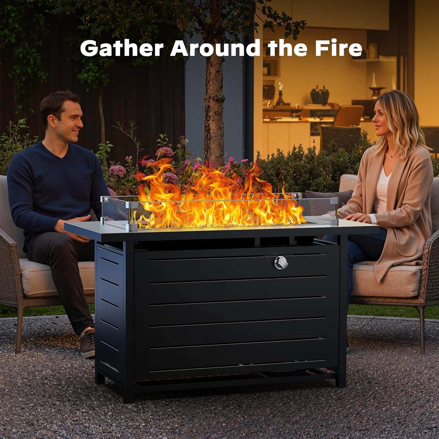 Ciays 42 Inch Gas Fire Pit Table, 60,000 BTU Propane Fire Pits for Outside with Glass Wind Guard, Steel Lid,Lava Rock, 2 in 1 Fire Pit Table Gatherings Parties on Patio Deck Garden, Ebony