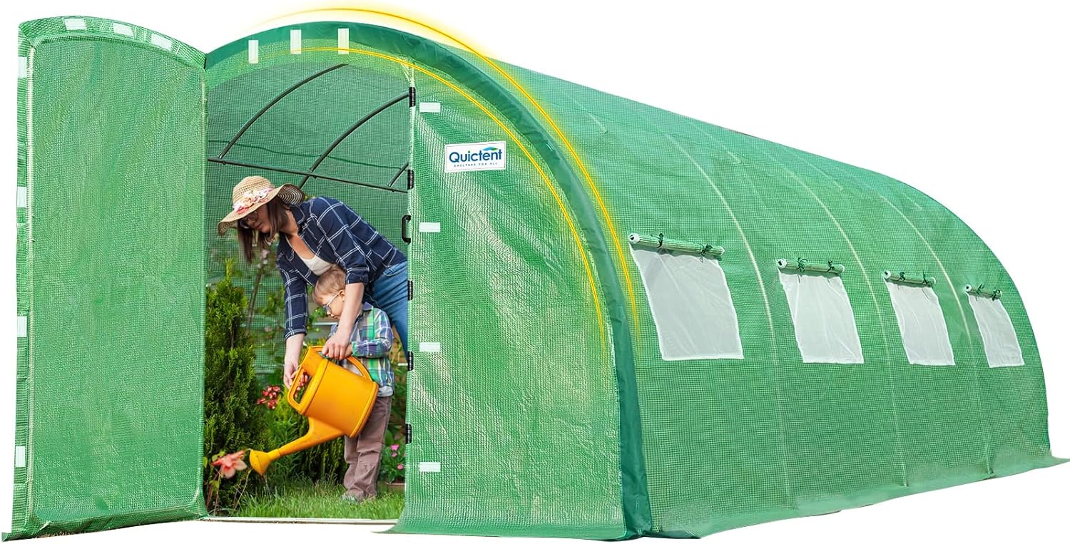 Quictent Premium Greenhouse for Outdoors with Swing Door, Large Walk-in Green House W/Upgraded Tunnel Hoop Frame & PE Cover Outside Garden Plant Tent, 2 Doors 8 Screen Windows, 20x10x6.6 FT, Green