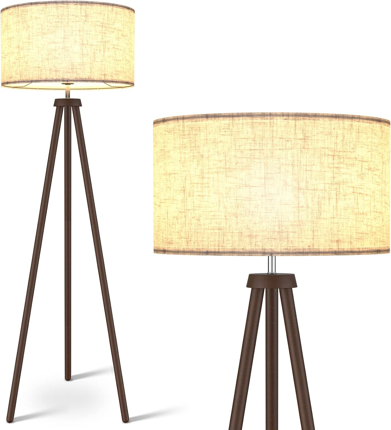 LEPOWER Wood Tripod Floor Lamp, Mid Century Standing Lamp for Living Room, Flaxen Lamp Shade, Modern Design Standing Lamp with E26 Lamp Base, Tall Floor Lamp for Bedroom, Study Room and Office Walnut