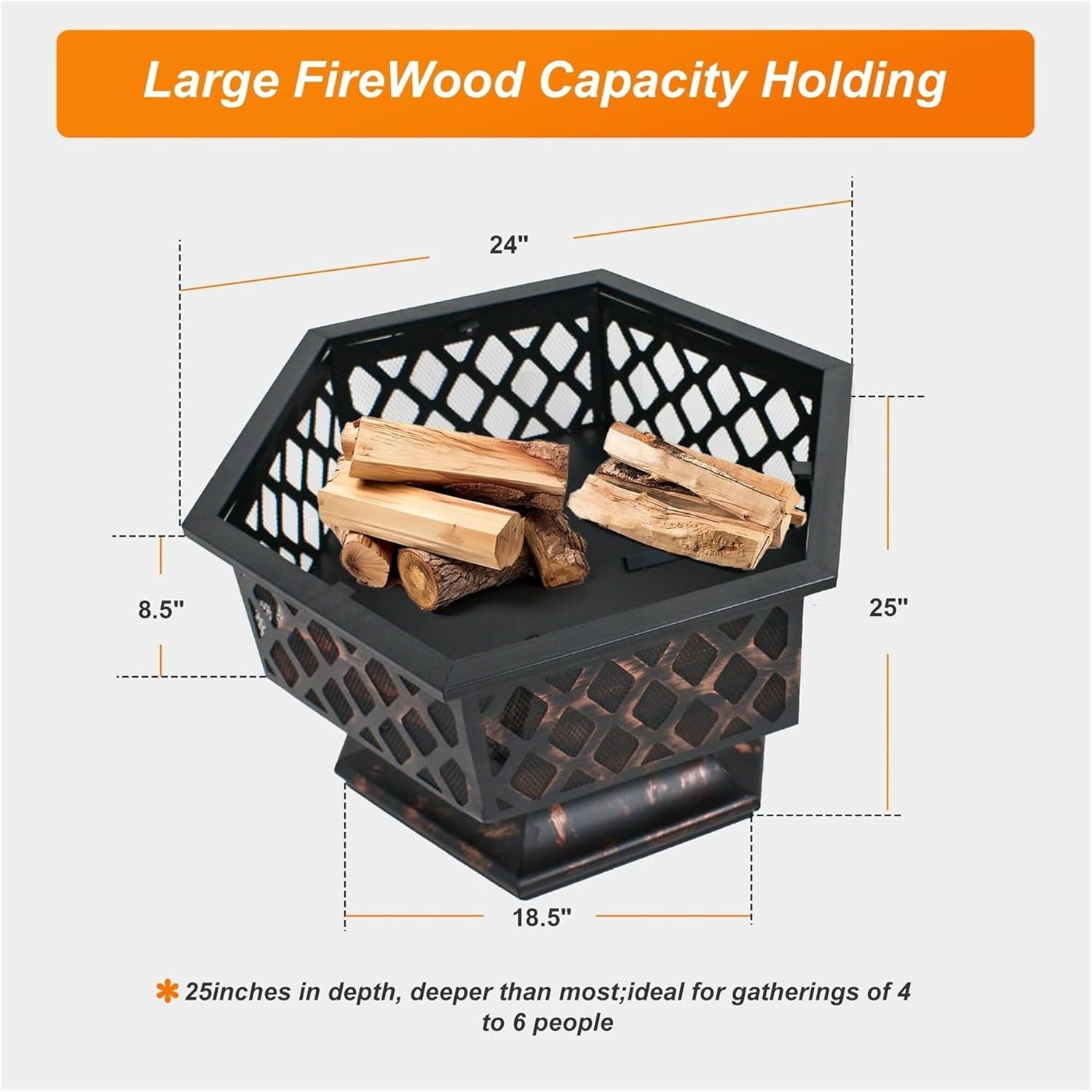 24 Inch Hexagon Outdoor Fire Pit with Mesh Screen Deep Steel Fire Bowl for Wood Burning Backyard Patio Camping and Outdoor Gatherings
