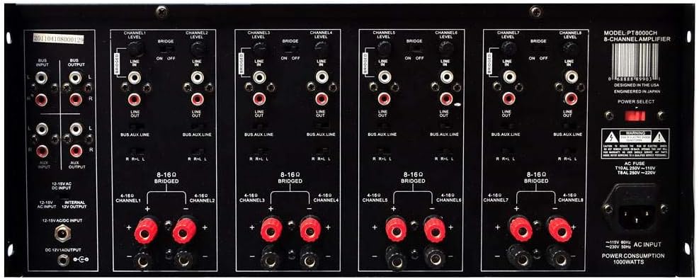 Pyle 4 Multi-Zone Stereo Amplifier - 19” Rack Mount, Powerful 8000 Watts with Speaker Selector Volume Control & LED Audio Level Display, 4-Ch. Bridgeable Switches - PT8000CH