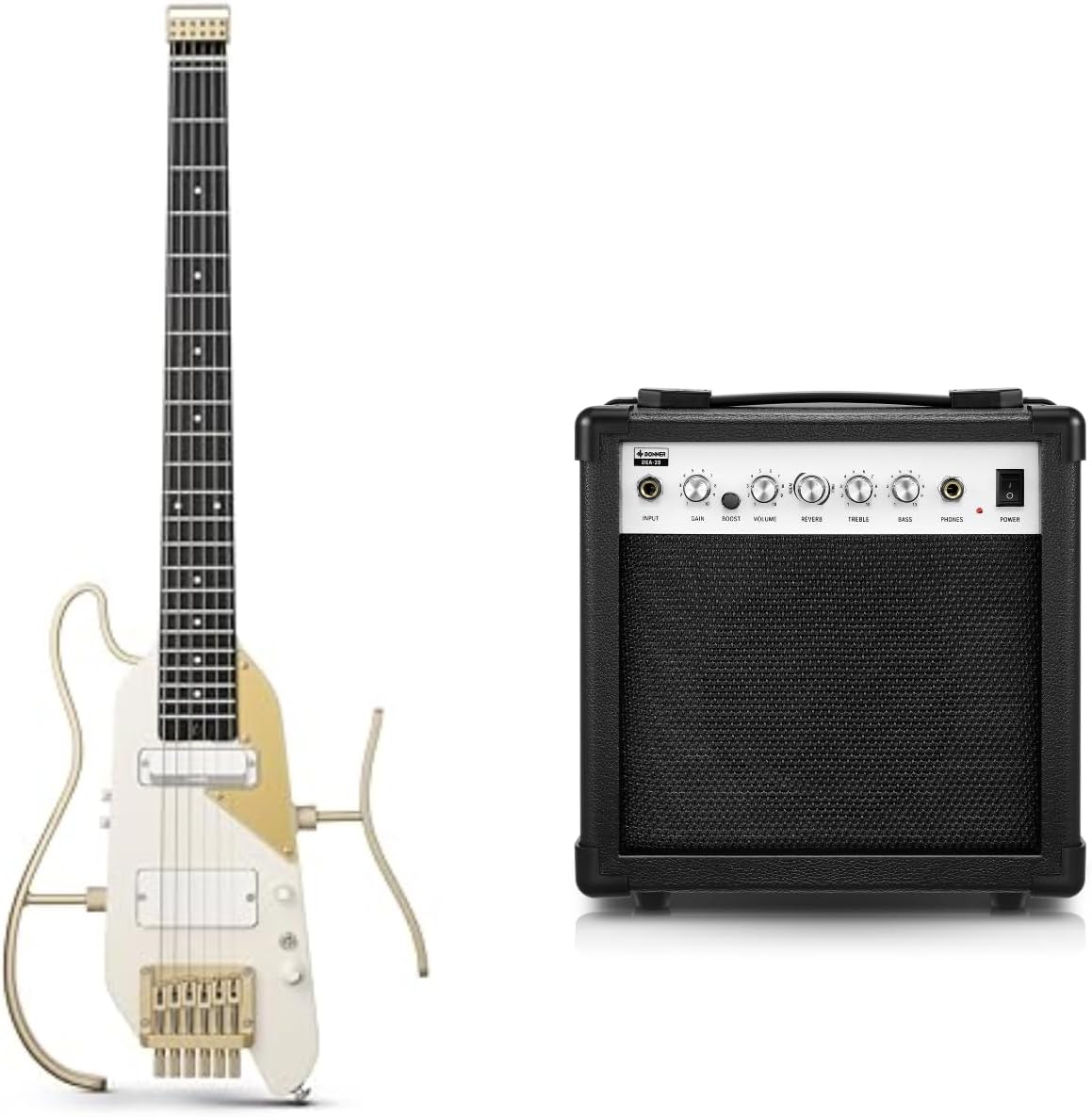 Donner HUSH X PRO Electric Guitar Kit - Smart Travel Guitar with Dozens of Preset Combinations, 7 Tone Sim Options, White-Luxe and Donner Electric Guitar Amp 20W, DEA-20 Guitar Amplifier