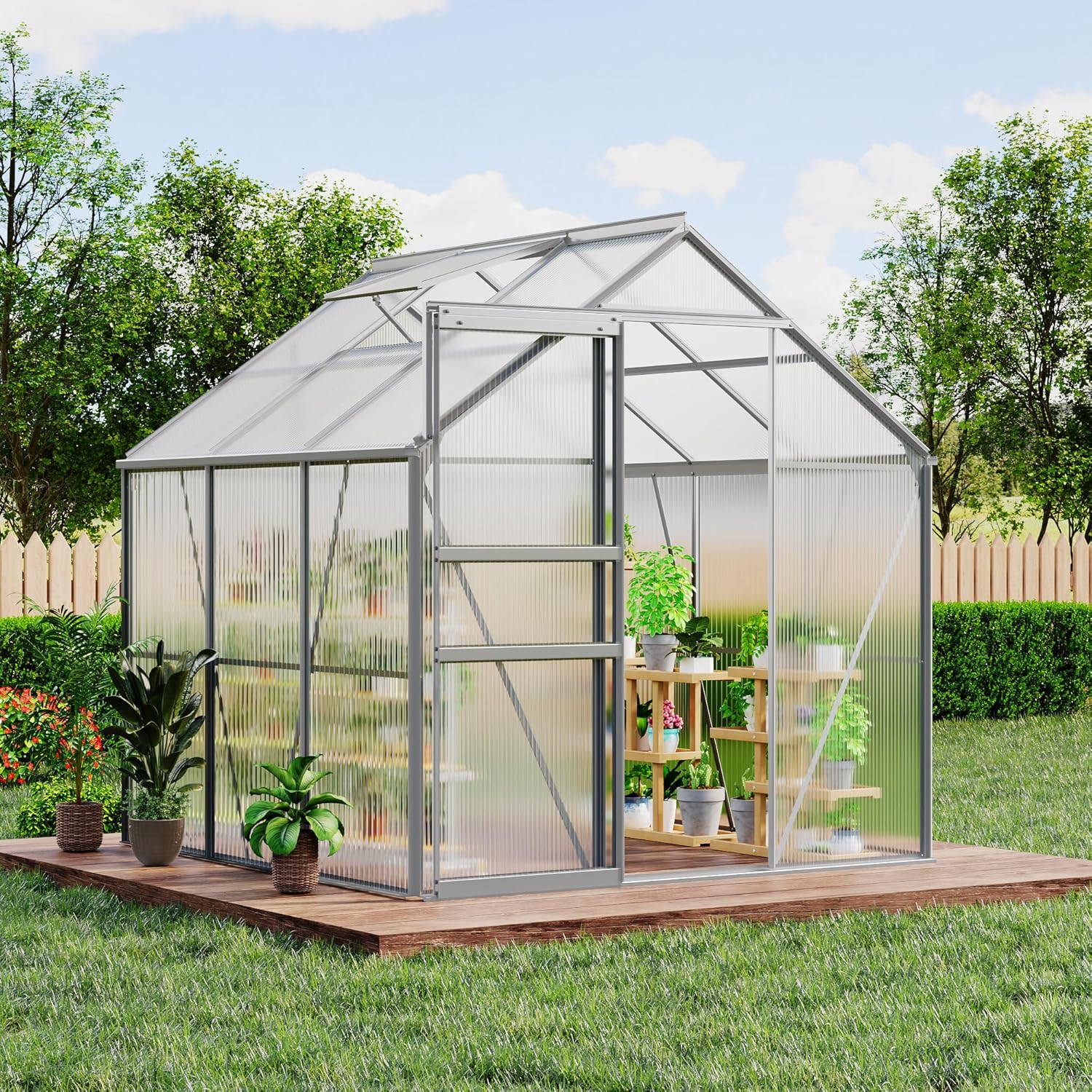 Garvee 6 x 6 FT Outdoor Greenhouse, Polycarbonate Greenhouses with Aluminum Frame, Sliding Door, Adjustable Roof Vent for Backyard, Green Houses for Outside Garden Backyard, Patio, Silver