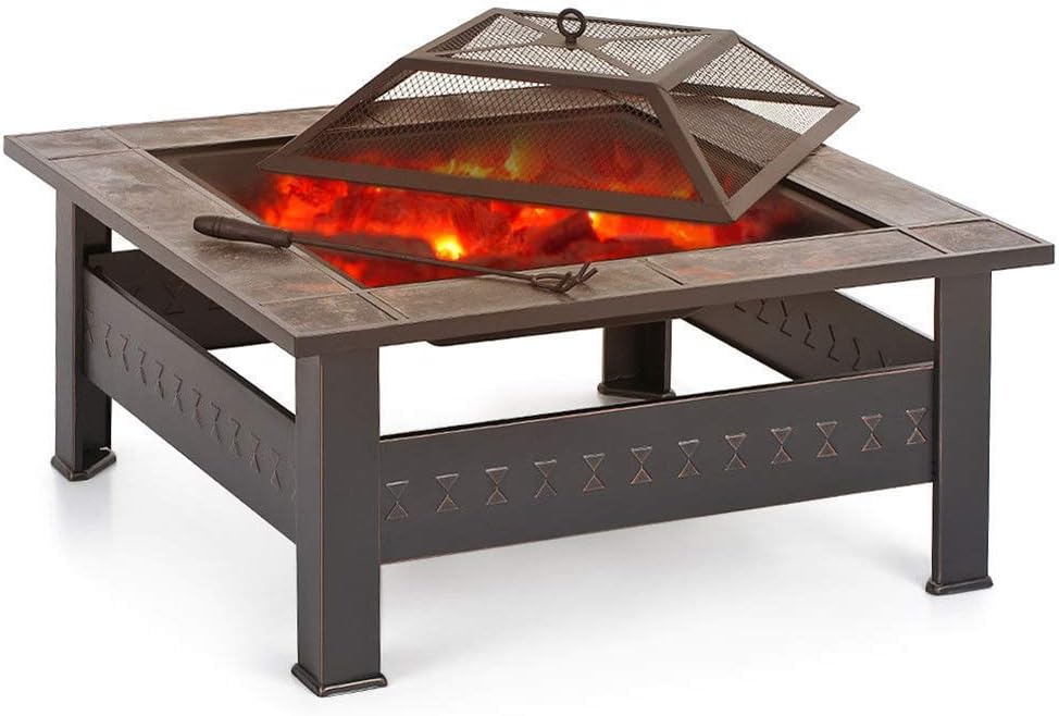 Fire Pit with BBQ Grill Shelf,Outdoor Metal Brazier Square Table Firepit Garden Patio Heater with Waterproof Cover,Outdoor Fire Pits