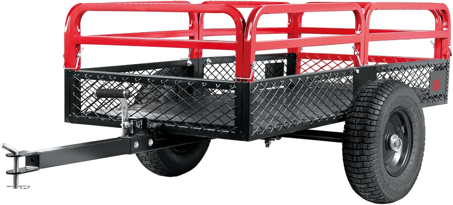 Big RED Heavy Duty ATV Trailer Steel Dump Cart: Yard Garden Trailer for Lawn Mower, Tractor, Garden Waste - 1,500lbs, 15 cu.ft Capacity