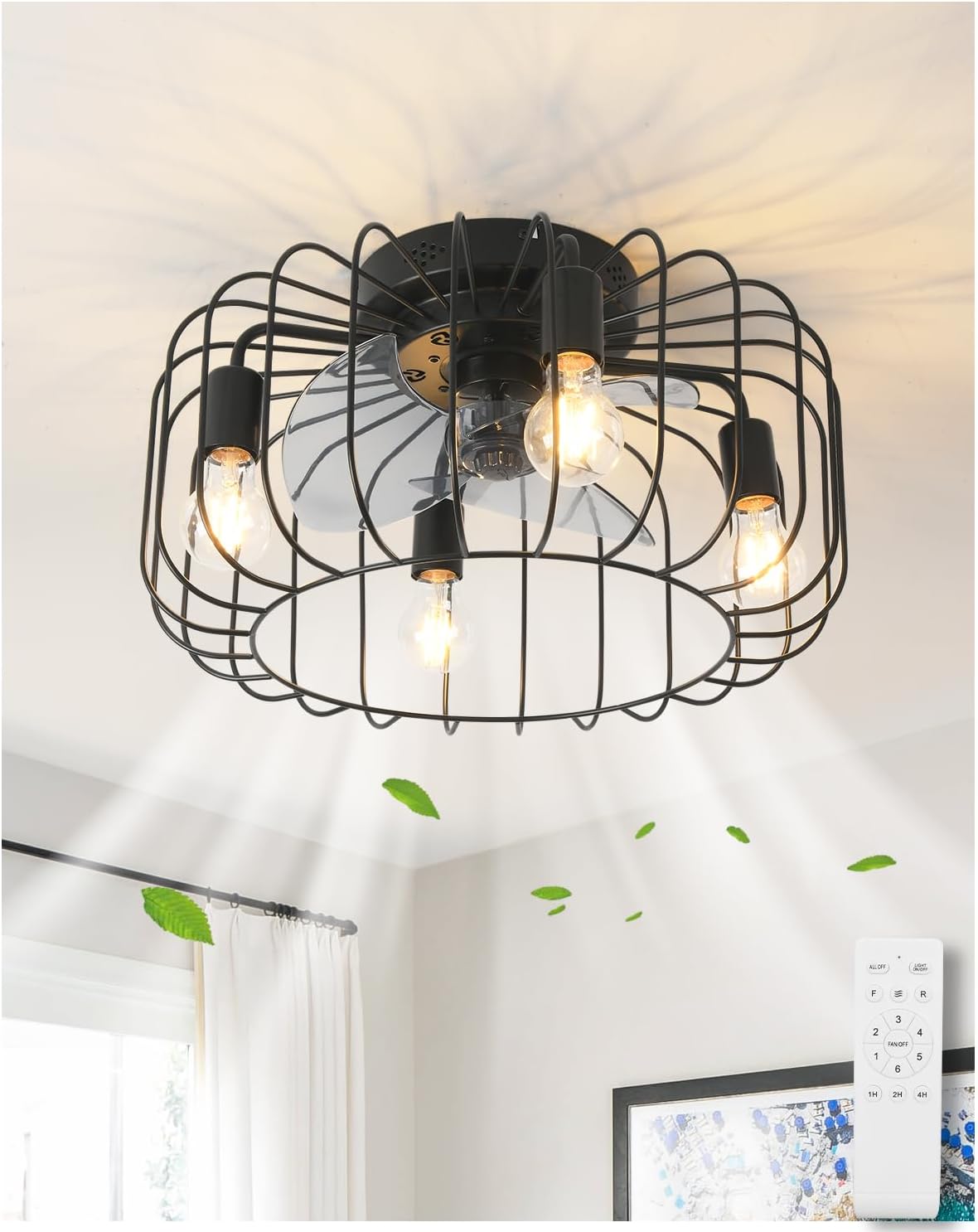 18inch Black Caged Ceiling Fan Light,Flush Mount Chandelier Industrial Ceiling Fan,Farmhouse Fan Lights Ceiling Fixtures for Kitchen,Bedroom,Outdoor(6 Speed,Timing with Remote)