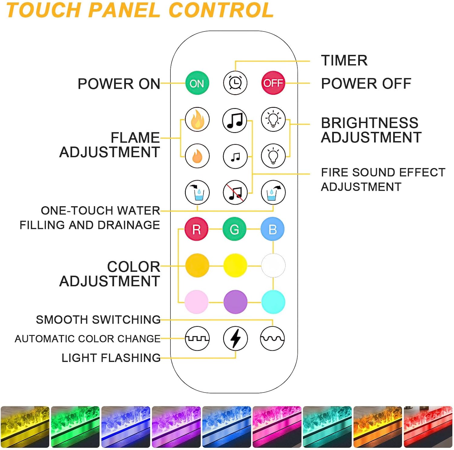 Chimenea eléctrica de Vapor empotrada, 9 Colores, 3D Llama atomizada realista, llenado/drenaje automático, Panel Selfcolour 500mm,Multicolor-Panel1000mm(39.37in)