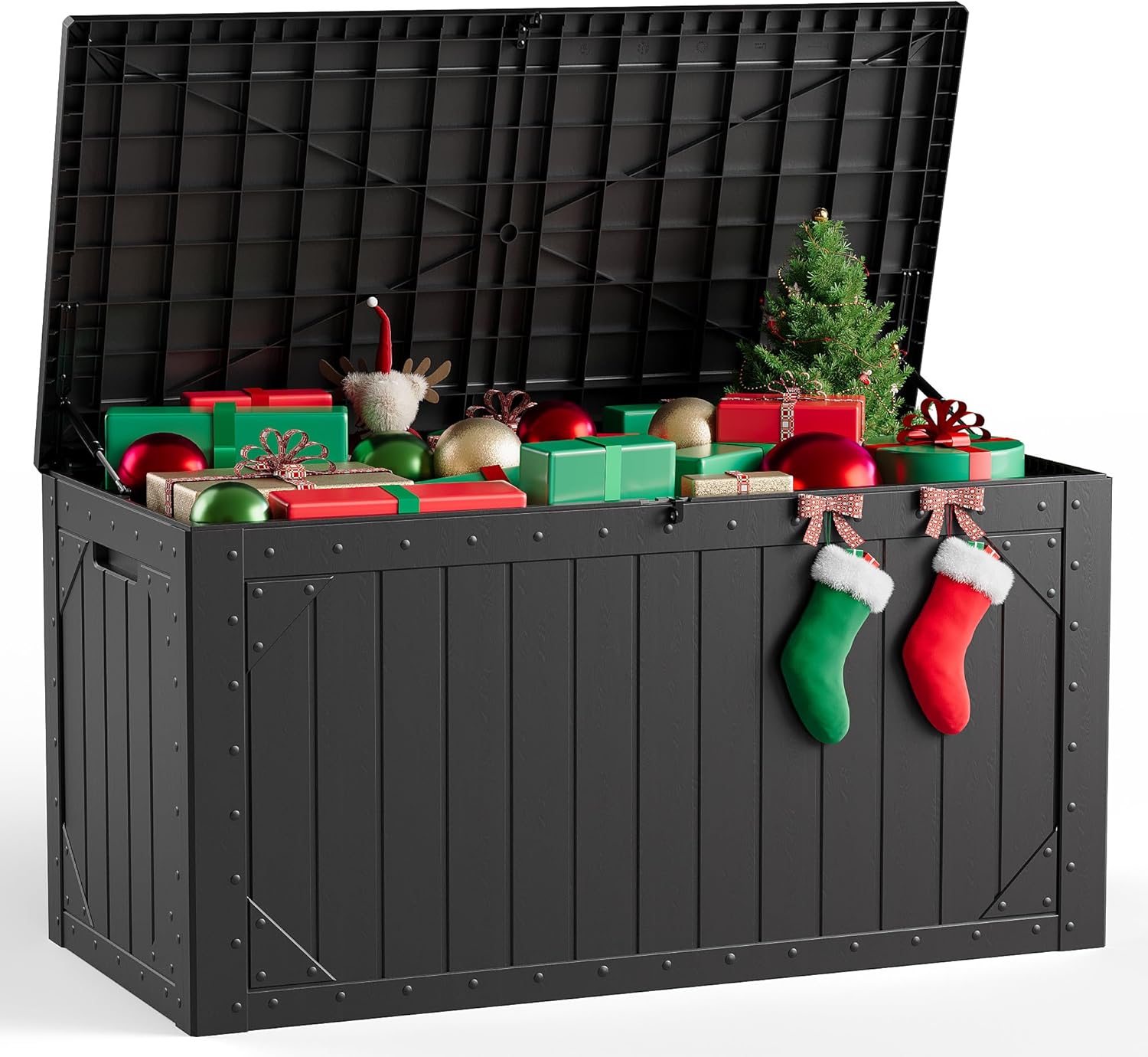 Outdoor Storage Box,100 Gallon Deck Box Outdoor Storage Bench Outside Waterproof Resin Storage Bench, Lockable Patio Cushions, Garden Tools Storage For Furniture, UV Resistant