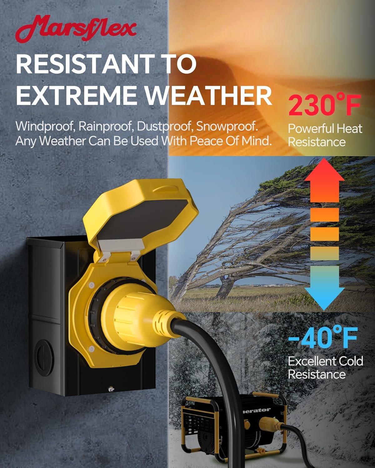 Marsflex 25FT 30 Amp Generator Cord and Power Inlet Box, Pre-Drilled Generator Inlet Box with NEMA L14-30P / L14-30R Generator Cord, for 125/250 Volt 7500 Watts, Weatherproof Outdoor Use, ETL Listed