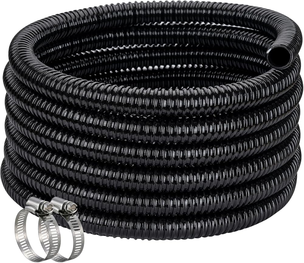 Pond Hose ID 1-1/4” × 50ft Black Corrugated Flexible Reinforced PVC Hose Vinyl Tubing for Pond Pump Fountain Garden Waterfall, Non-toxic & Kinkproof, with 2 clamps