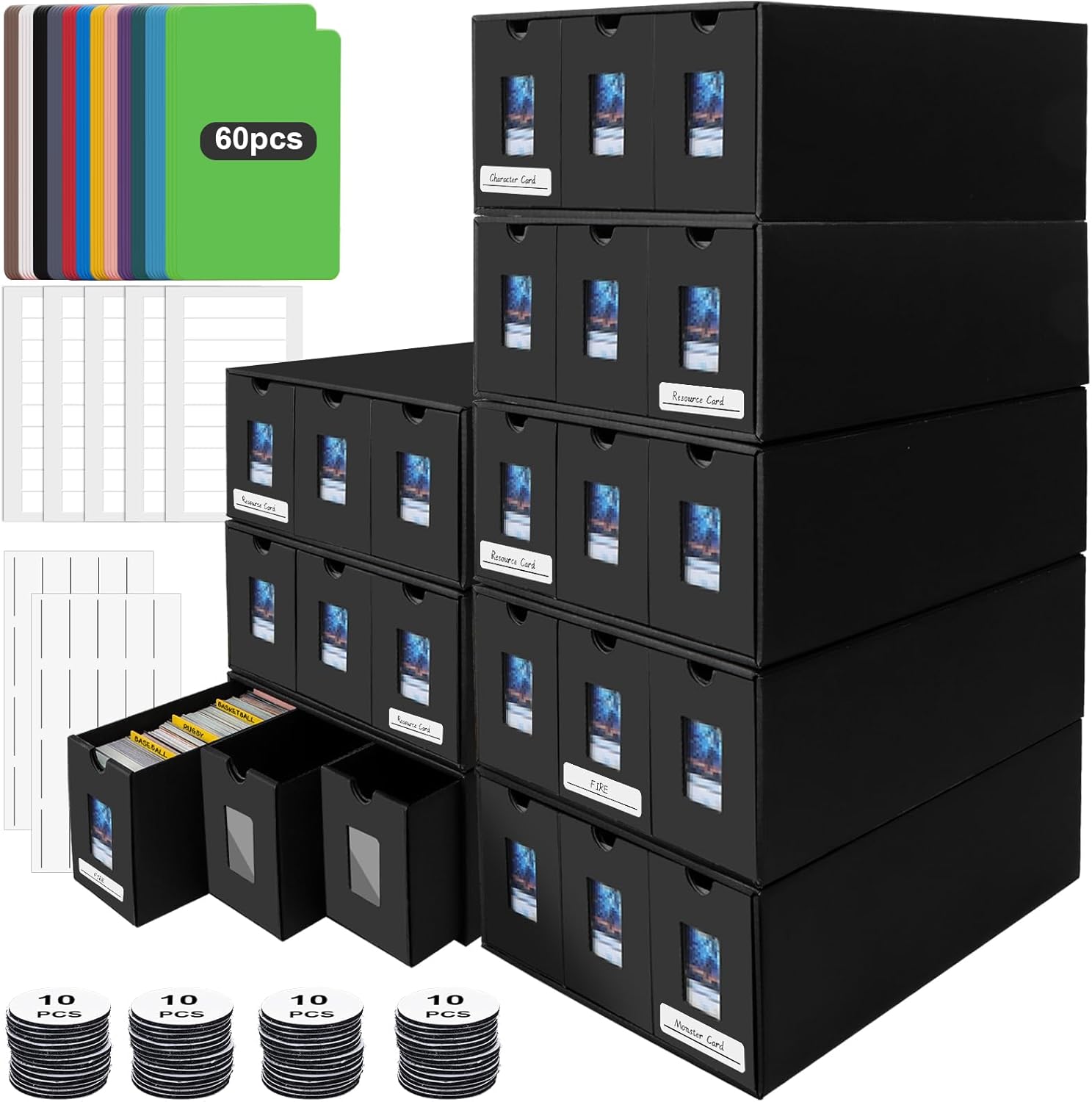 Trading Card Storage Box, 24000+ Cards Storage Box for Commander Display, Trading Cards Organizer with 60 Card Dividers, Labels & Tapes, Visible Card Deck Box for TCG MTG PTCG Sport Cards