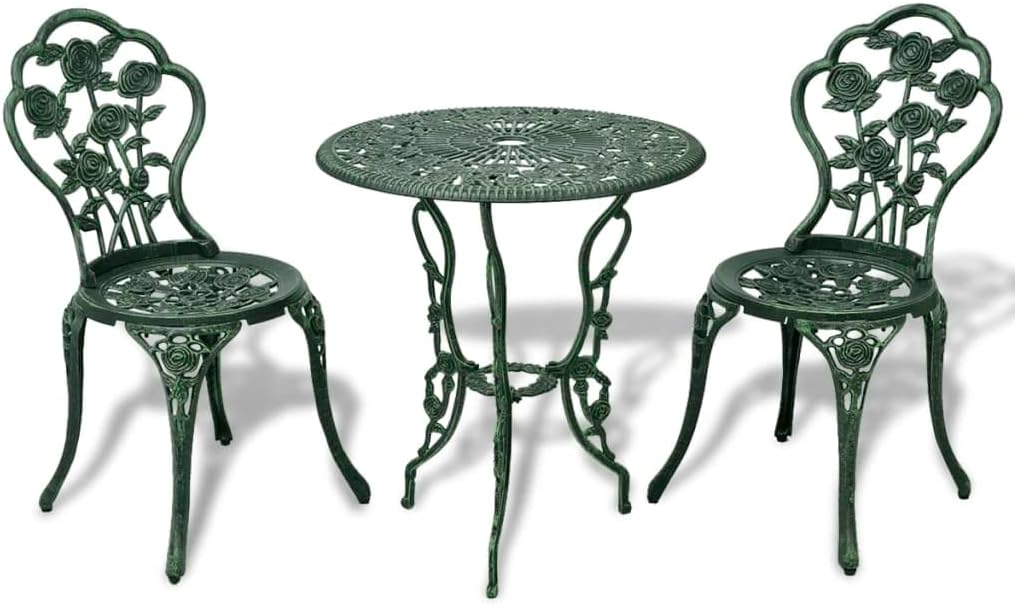 3 Piece Bistro Set Cast Aluminum Green,Outdoor Cast Aluminum Bistro Set for Patio or Garden with Floral Pattern 2 Chairs and Round Table Outdoor Furniture Sets, Patio Furniture