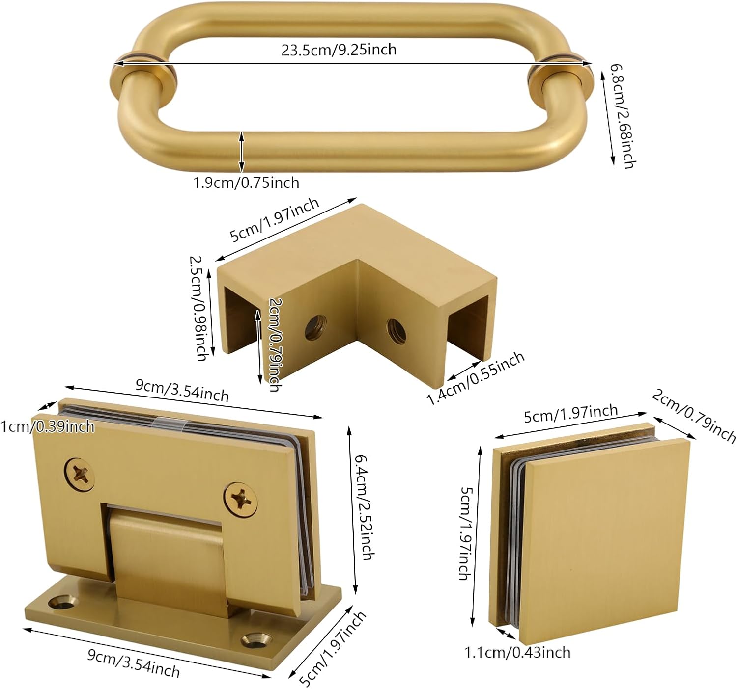 Shower Hardware Accessories for Frameless Hinged Shower Doors, 99 LBS Load Capacity, Including Hinges and Handles, for 6-12mm Thick Glass Door (5 Glass Clamps + L-Shaped Corner, Gold)