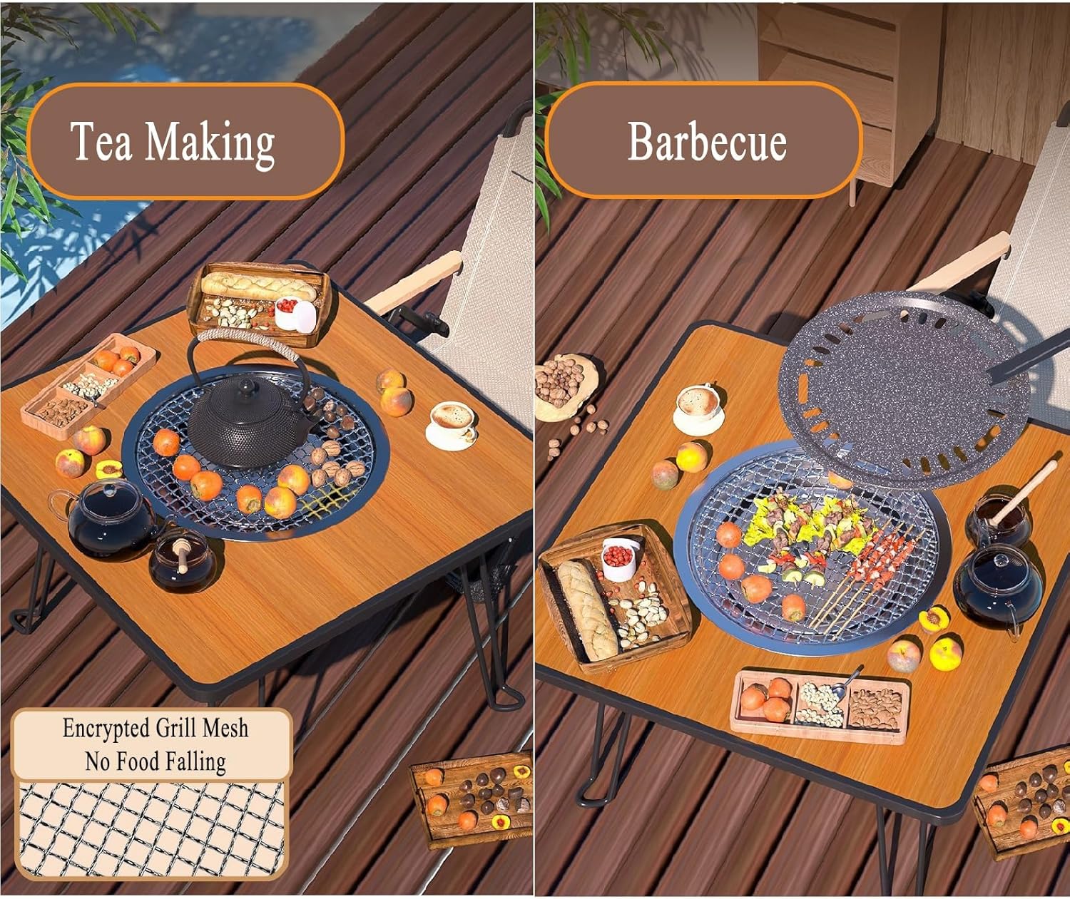 TemkIN Patio Fire Pit Table, 3-in-1 Portable Wood Burning Fire Pit Square Table with Lid & Poker, Small Firepits for Outside Camping Picnic Cooking BBQ, Picture colour