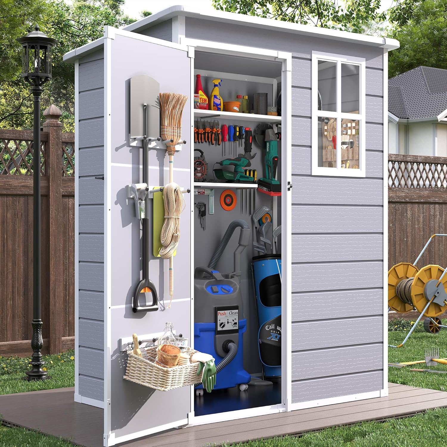 Outdoor Plastic Storage Shed with Floor, 5x3 FT Waterproof Resin Shed with Lockable Door & Window for Bike, Garbage Can, Lawn Mower, Grey White