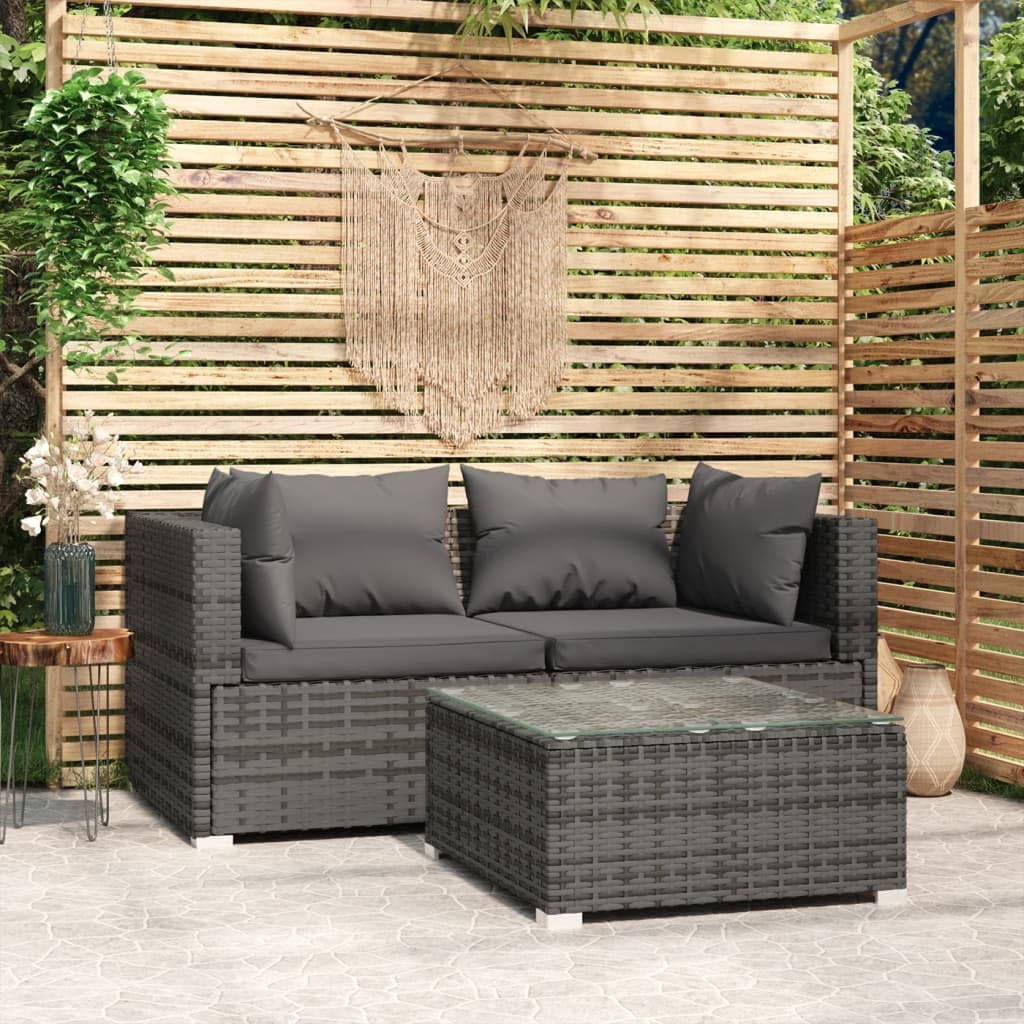 Patio Furniture Set 3 Piece with Cushions Gray Poly Rattan Garden Furniture