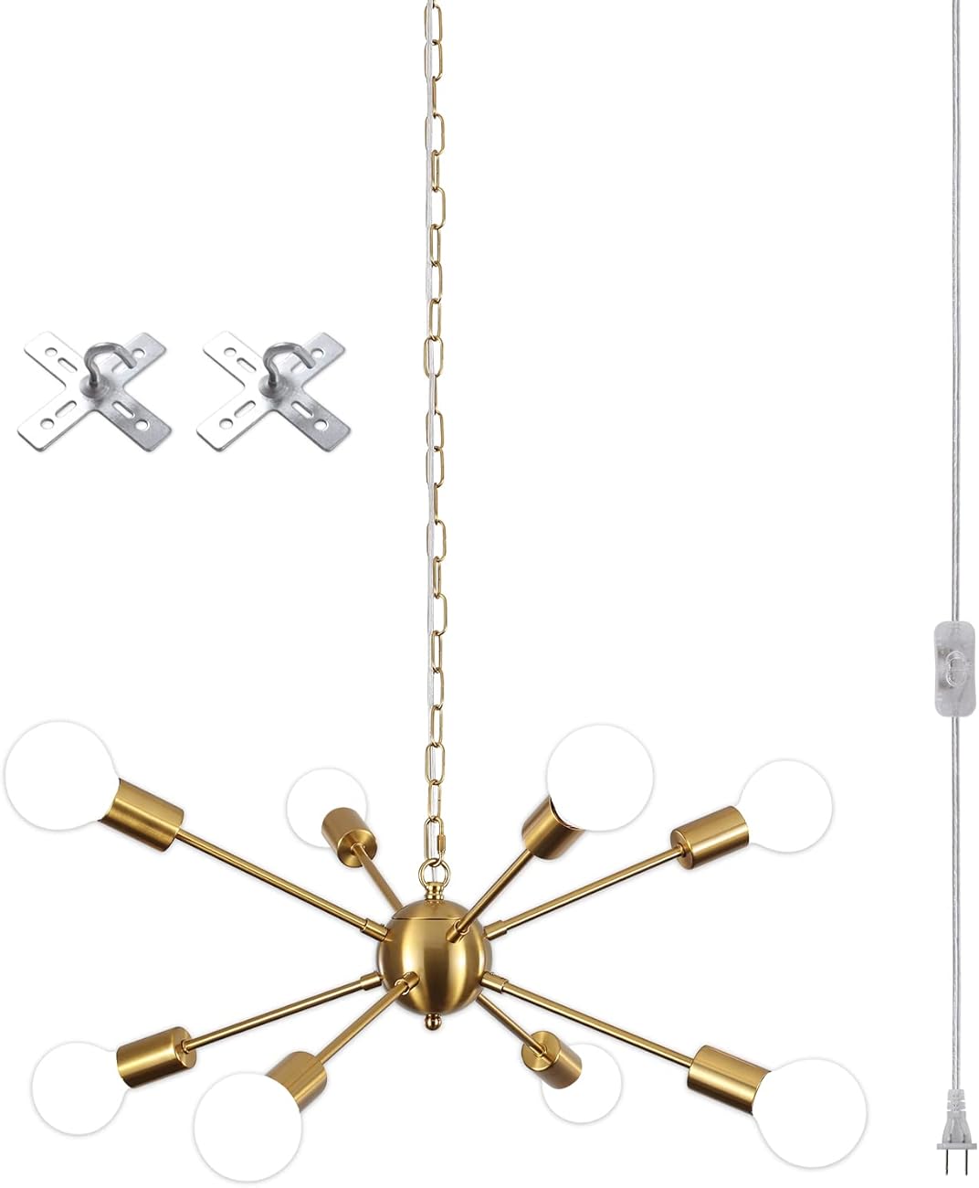 LASENCHOO 8 Lights Plug in Chandelier, Hanging Lights with Plug in Cord 16.4ft & Switch, Plug in Pendant Light Gold Chandeliers for Living Room Bedroom Dining Room, Outdoor Chandeliers for Gazebo
