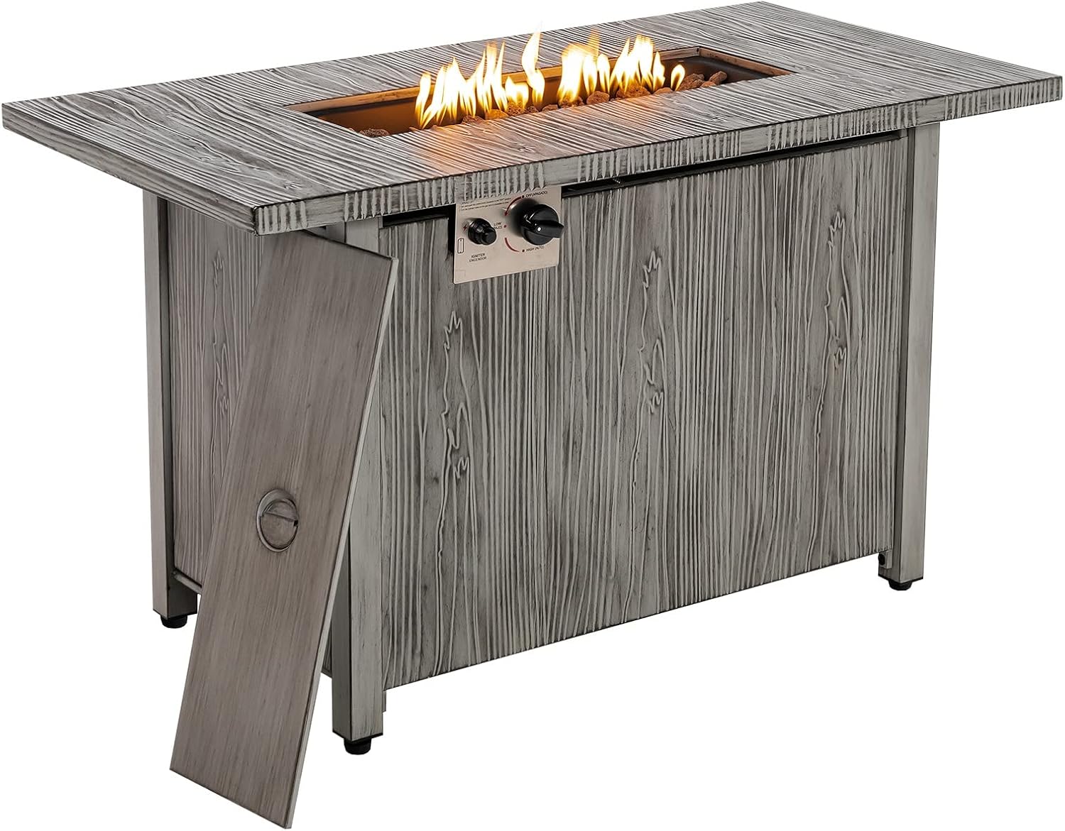 Tangkula 43 Inch Propane Fire Pit Table, Patiojoy 50,000 BTU Outdoor Gas Fire Table w/Wood Grain Tabletop, Hideaway Tank Storage, Lava Rocks, Rectangular Propane Firepit w/Waterproof Cover