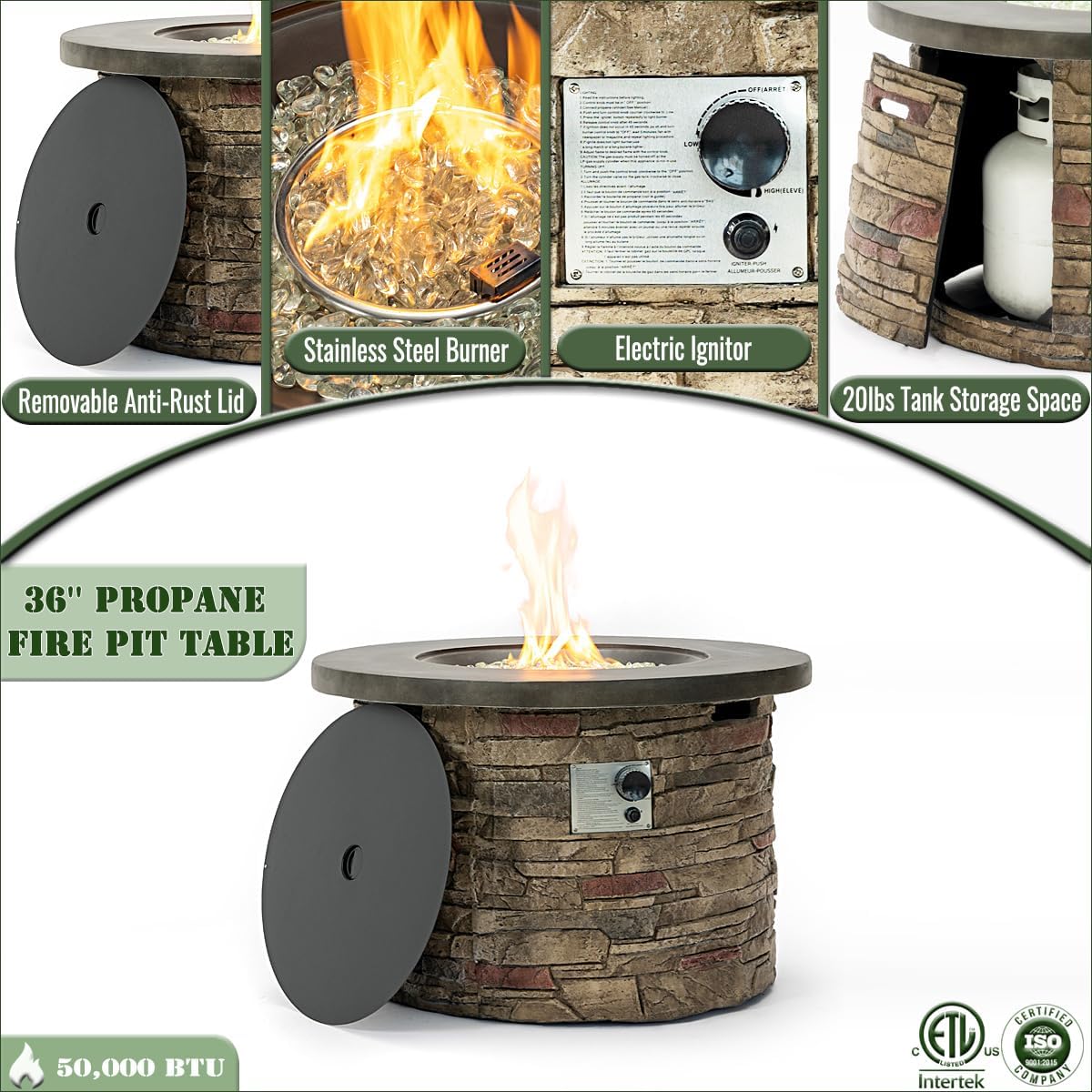 36-Inch Round Propane Fire Pit Table, 50,000 BTU, Stone-Look Base with Metal Top, Hidden Tank Storage