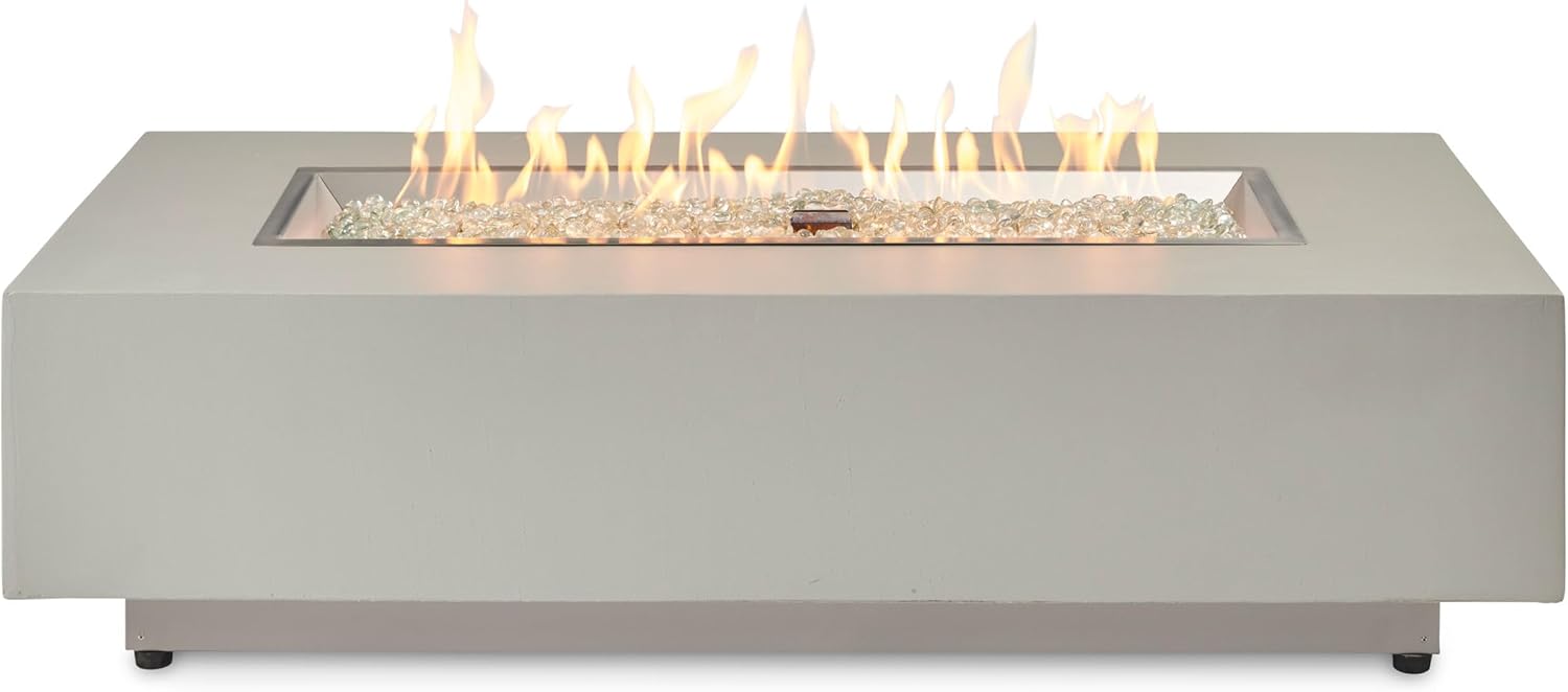 Outdoor GreatRoom Co. Harbor View Gas Fire Pit Table Rectangular Concrete Fire Pits for Outside Patio - 65,000 BTU Propane Fireplace Heater, Glass Coffee Table Cover, Clear Fire Rocks