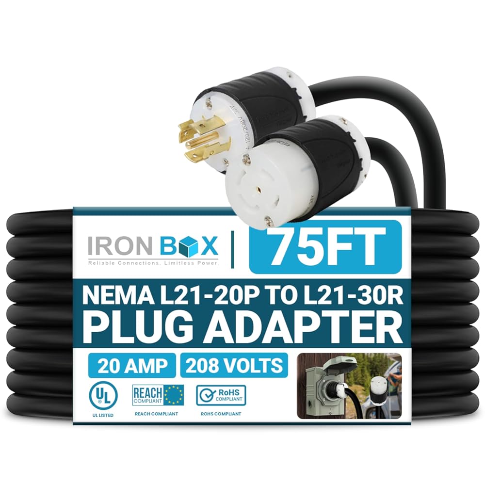 IronBox Electric NEMA L21-20P to L21-30R Plug Adapter - 20A, 208V, 12 AWG SJOOW - UL Listed Twist Lock Extension Cord - Heavy Duty Plug & Connector Cable for Generator, RV, Data Centers & More (75ft)