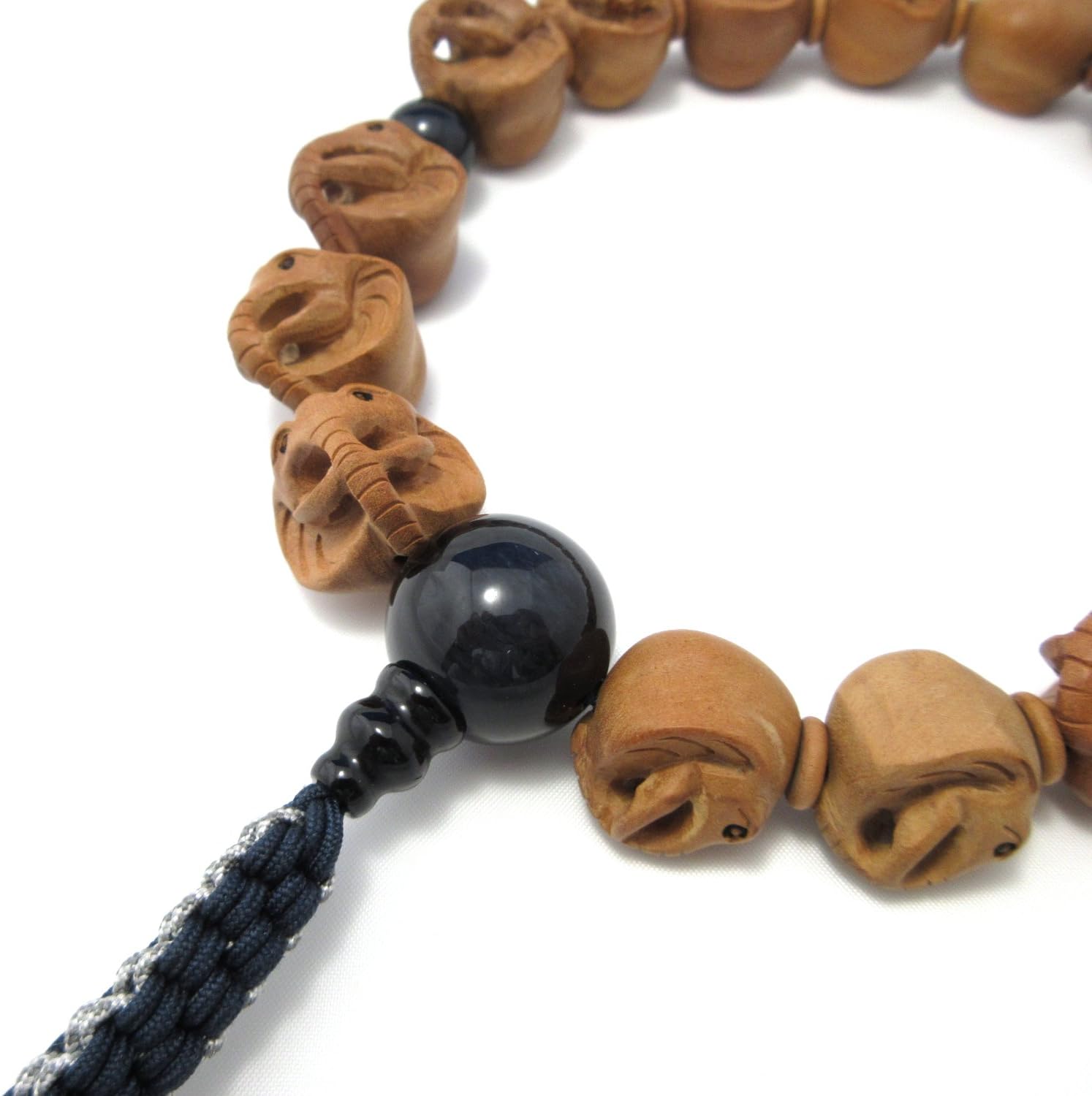 京都あさひ屋 Elephant Wood Carving with Blue Tiger Eye Japanese Juzu Buddhist Prayer Beads Handemade in Kyoto JUA34