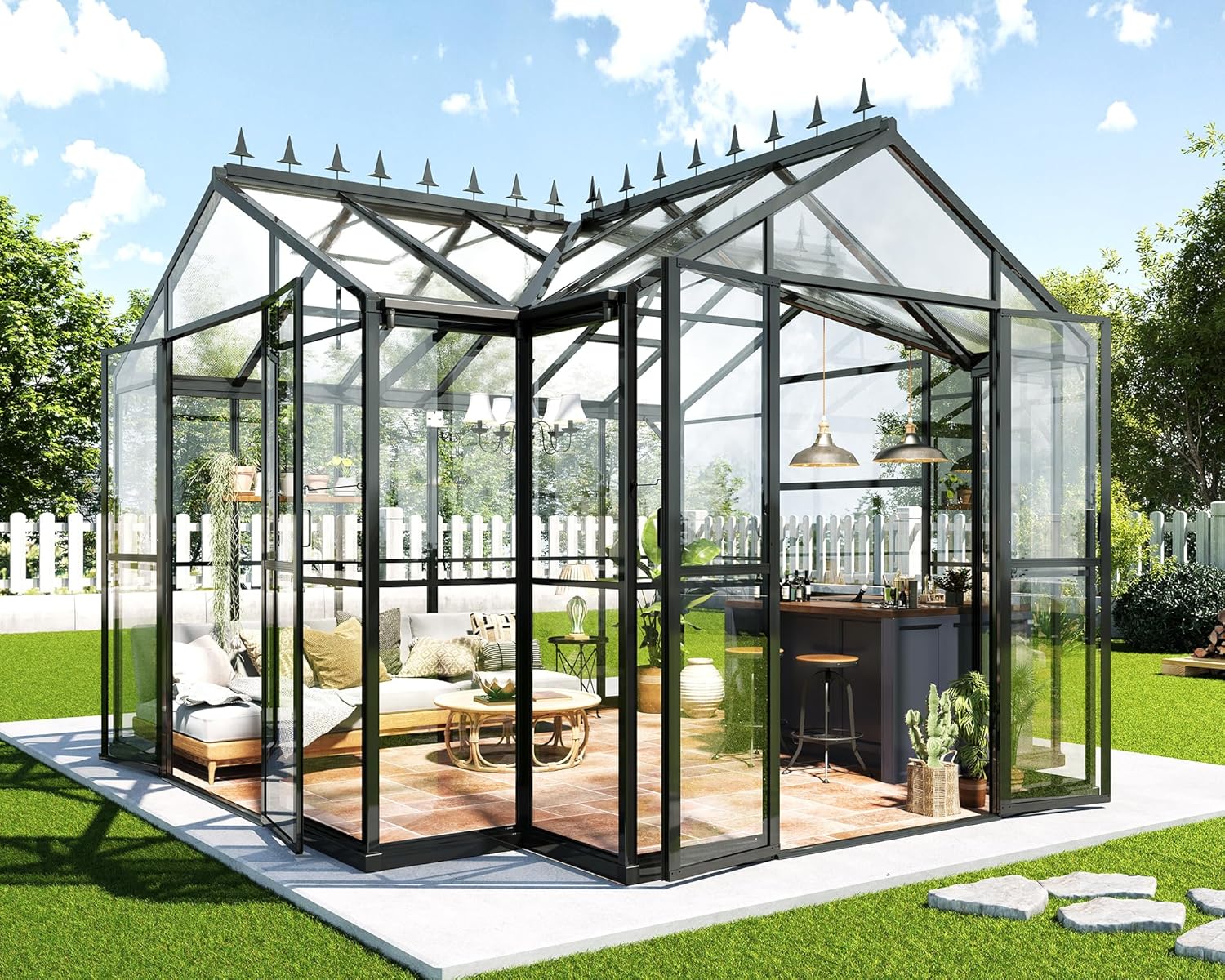 HOWE 12x10x8 FT Outdoor Greenhouse, Quick-Connect Aluminum Frame with 2 Vents, Dual Hinged Doors, UV-Protective Panels, Walk-in Chalet-Style Garden Greenhouse for Backyard, Black