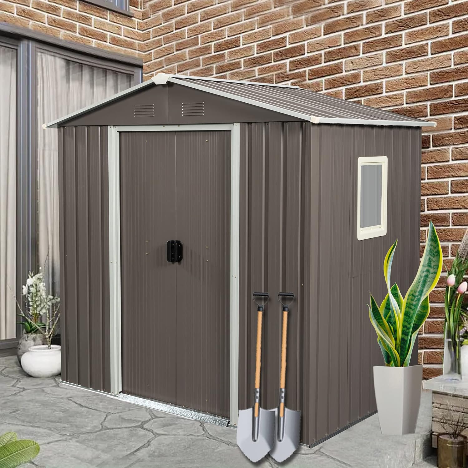 GDFStudio 6ft x 5ft Outdoor Metal Storage Shed with Window, Gray Metal Garden Shed with Sliding Doors, Punched Vents, Foundation Frame, Hooks, Shelf, Padlock and Gloves for Yard and Outdoor Equipment