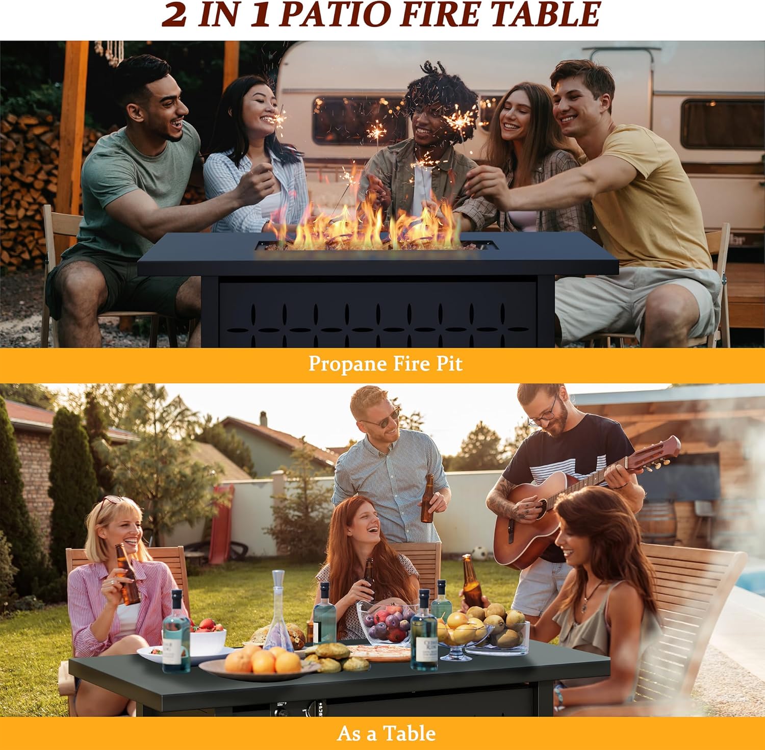 Vongrasig 43 Inch Propane Fire Pit, Outdoor Gas Fire Pit Table with Lid, Lava Rock, 50,000 BTU 2 in 1 Rectangular Table Top Firepit for Patio, Deck, Garden, Backyard