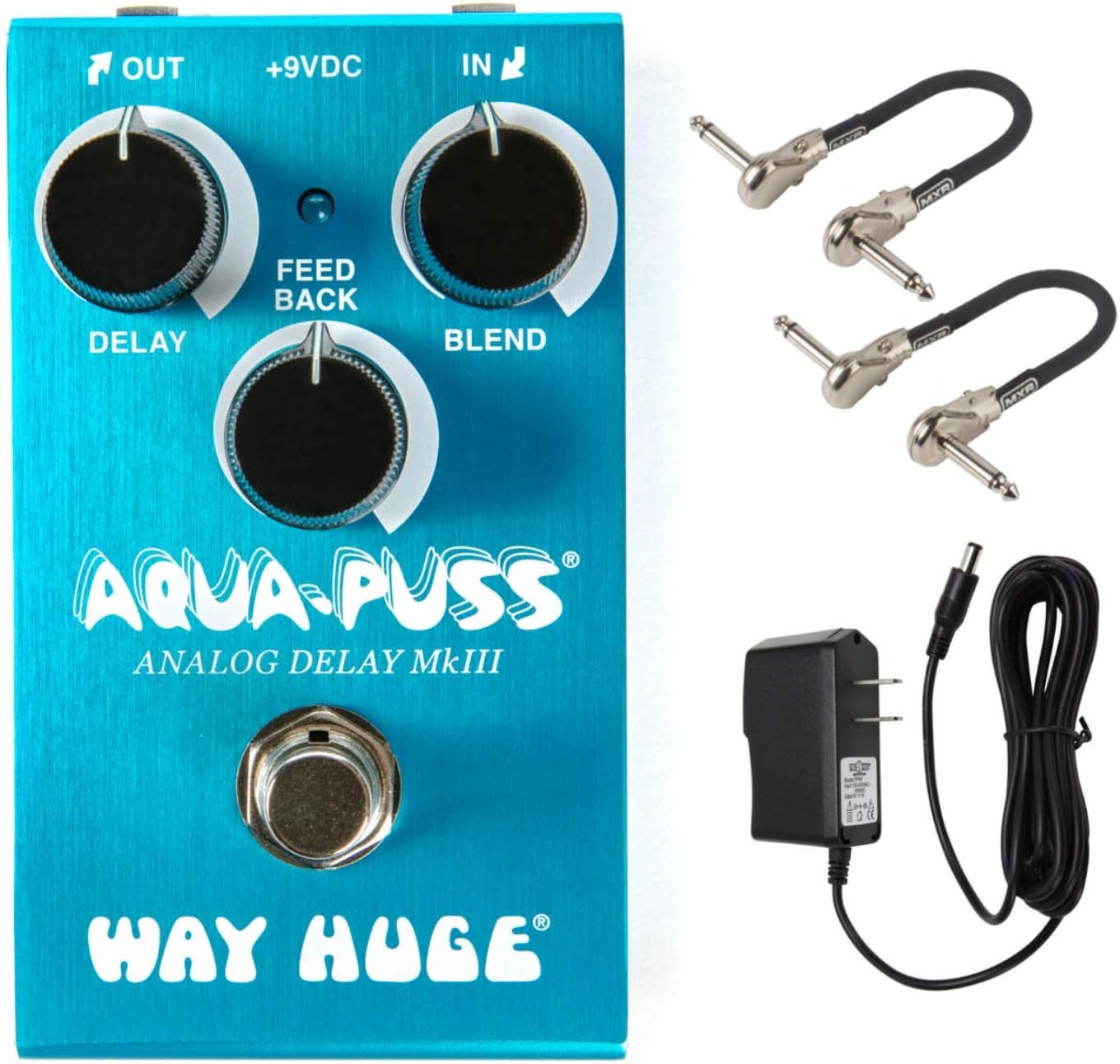 Way Huge WM71 Aqua-Puss Analog Delay Effects Pedal Bundle with 2 MXR Patch Cables and Power Supply