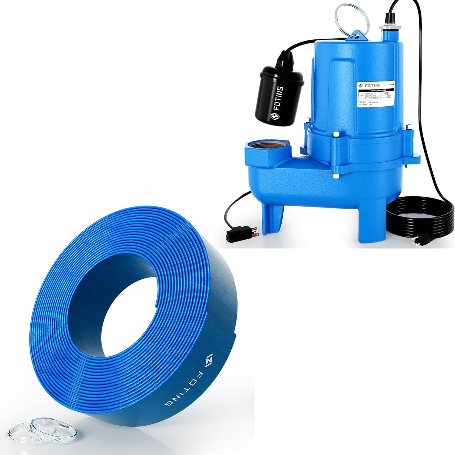 FOTING 1.5HP 9000GPH Submersible Sewage/Effluent Pump with FOTING 25FT Pool Backwash Hose 1-1/2 IN