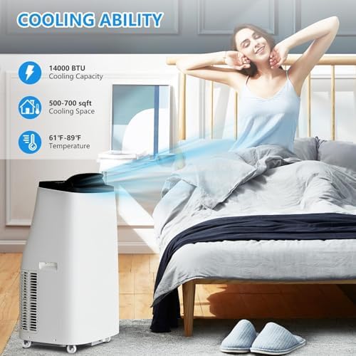14,000 BTU Portable Air Conditioner Cools Up to 750 Sq.Ft, 3 in-1 Quiet Portable AC Unit with Remote Control & Installation Kits for Large Room, Smart/Sleep Mode, Auto Swing, 24H Timer
