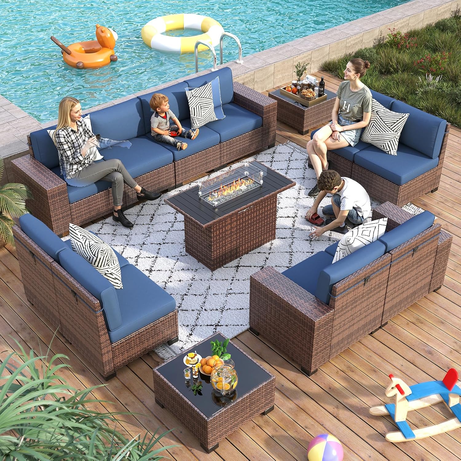 13 Piece Patio Furniture Set with Fire Pit Table, Wide Armrest Outdoor Sectional Sofa Grey Wicker Rattan Conversation Sets, 4'' Thickened Cushion Dark Grey (Include Waterproof Cover)